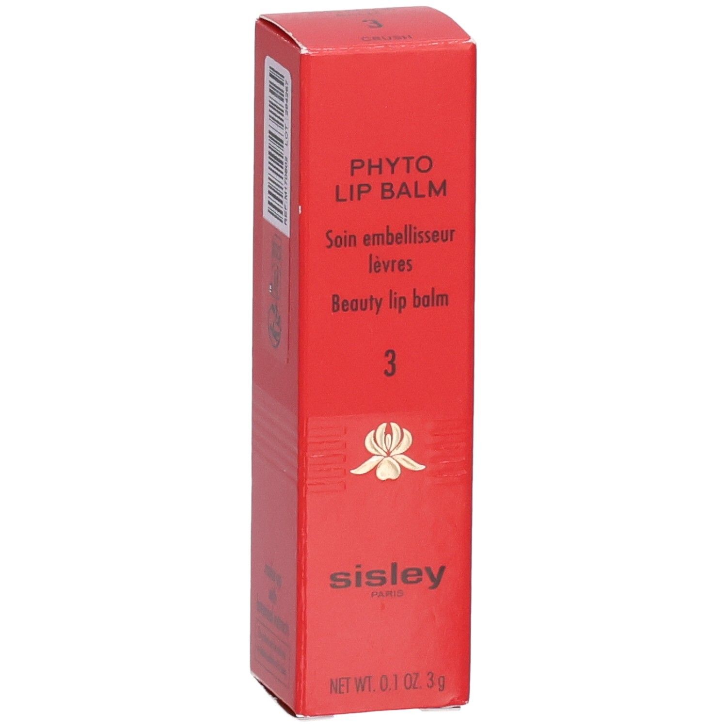 Boîte pliante rouge pour SIS PHYTO LIP BALM, avec informations produit et logo Sisley.