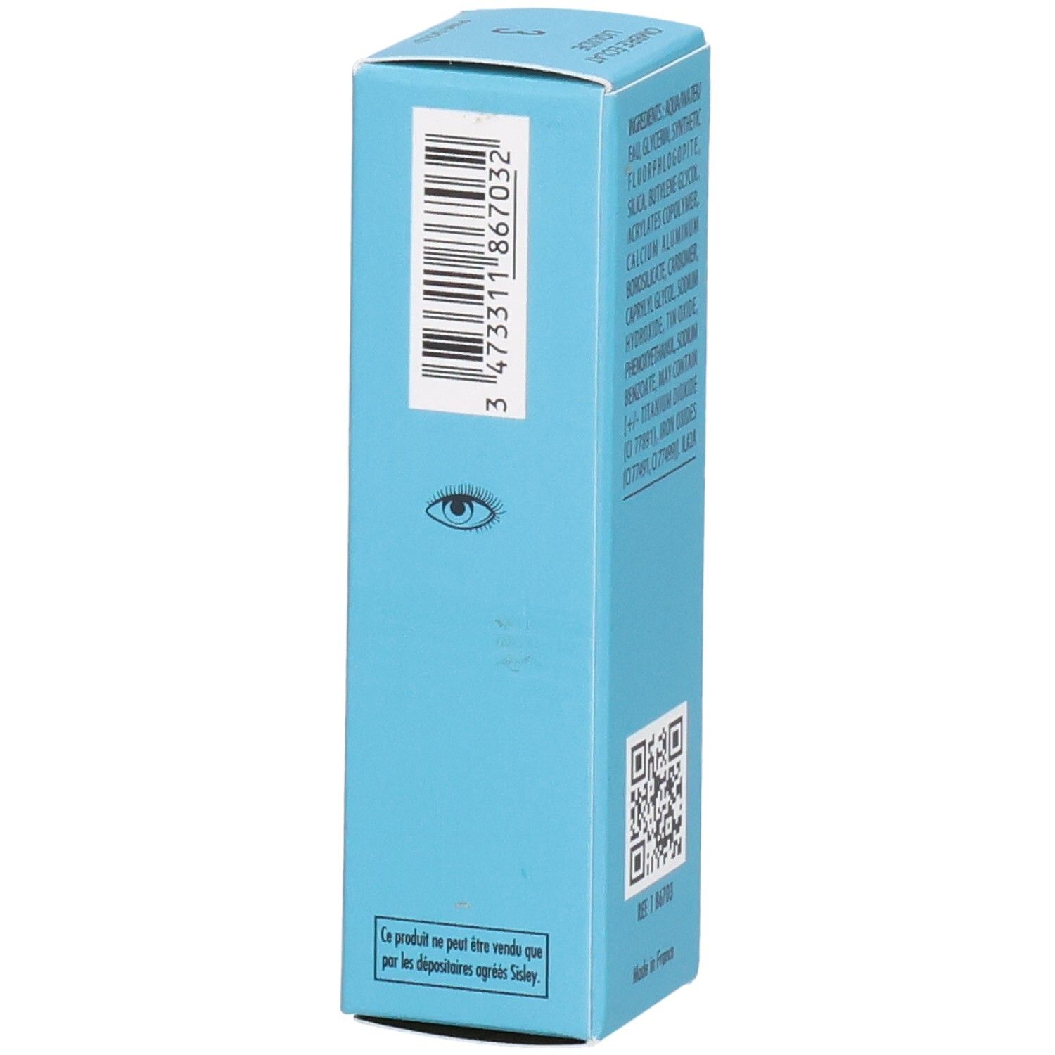Sisley Ombre Eclat Liquide fard à paupières, côté avec code-barres, symbole œil et QR code.