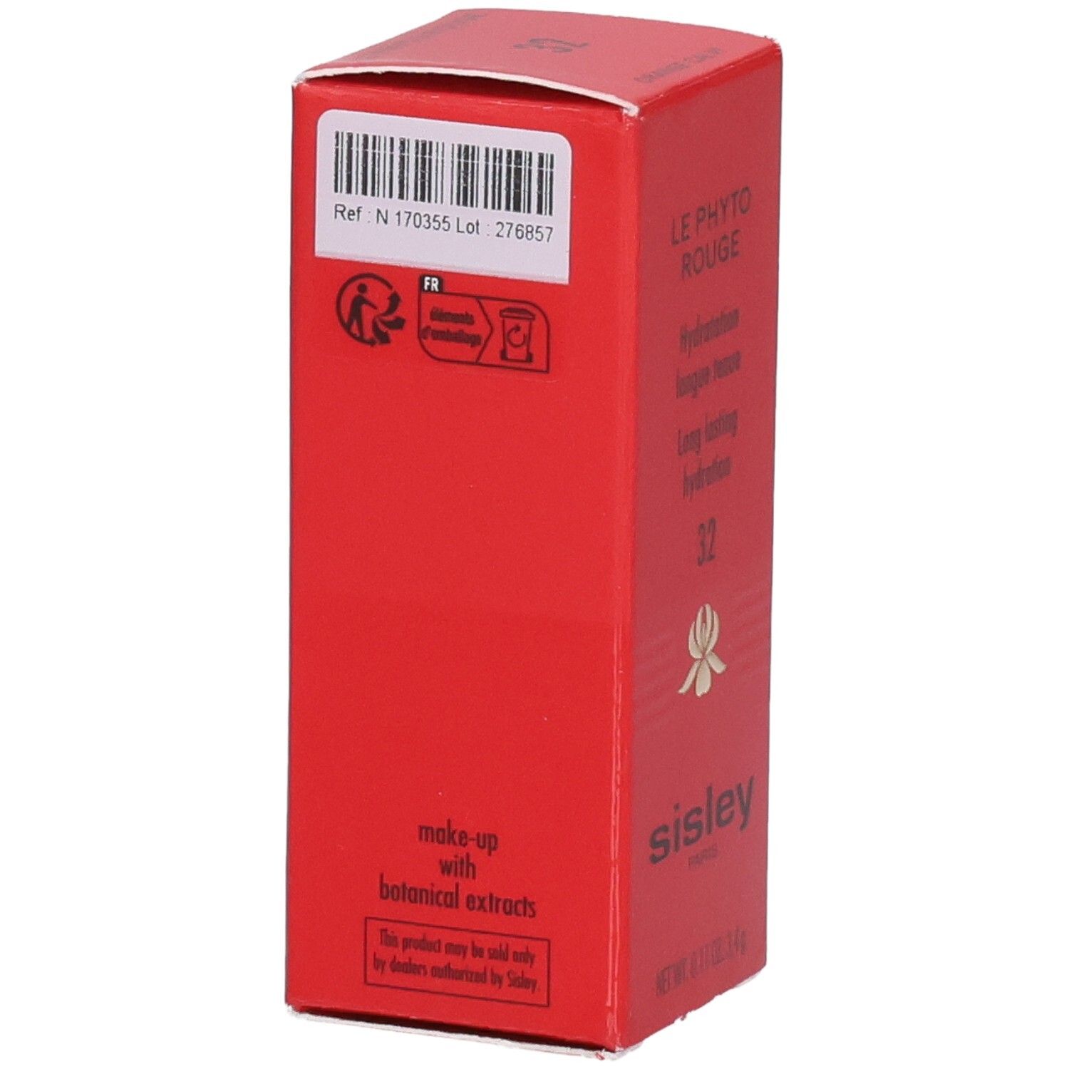 Emballage Sisley Le Phyto Rouge, verso avec code-barres, symboles et texte.