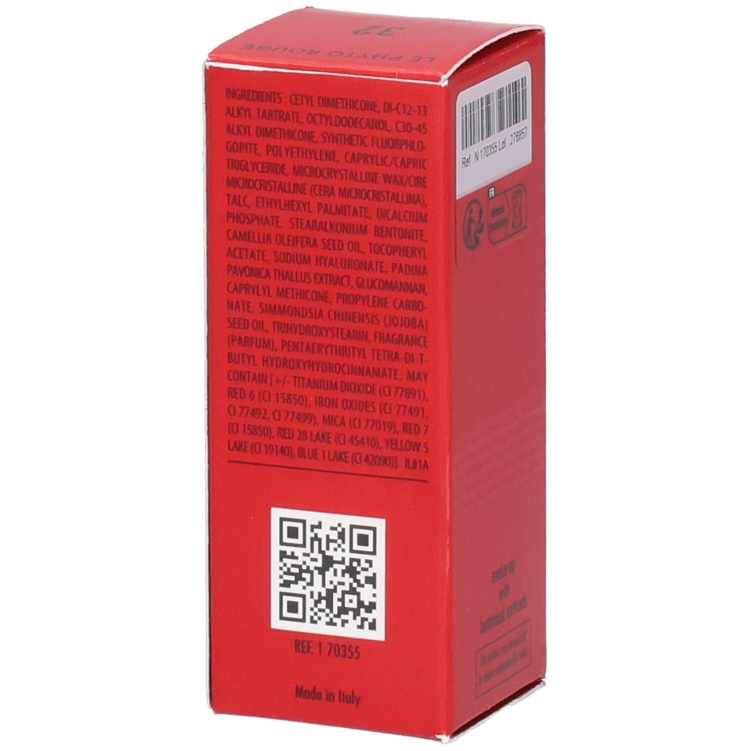 Emballage Sisley Le Phyto Rouge, côté avec liste des ingrédients et QR code.