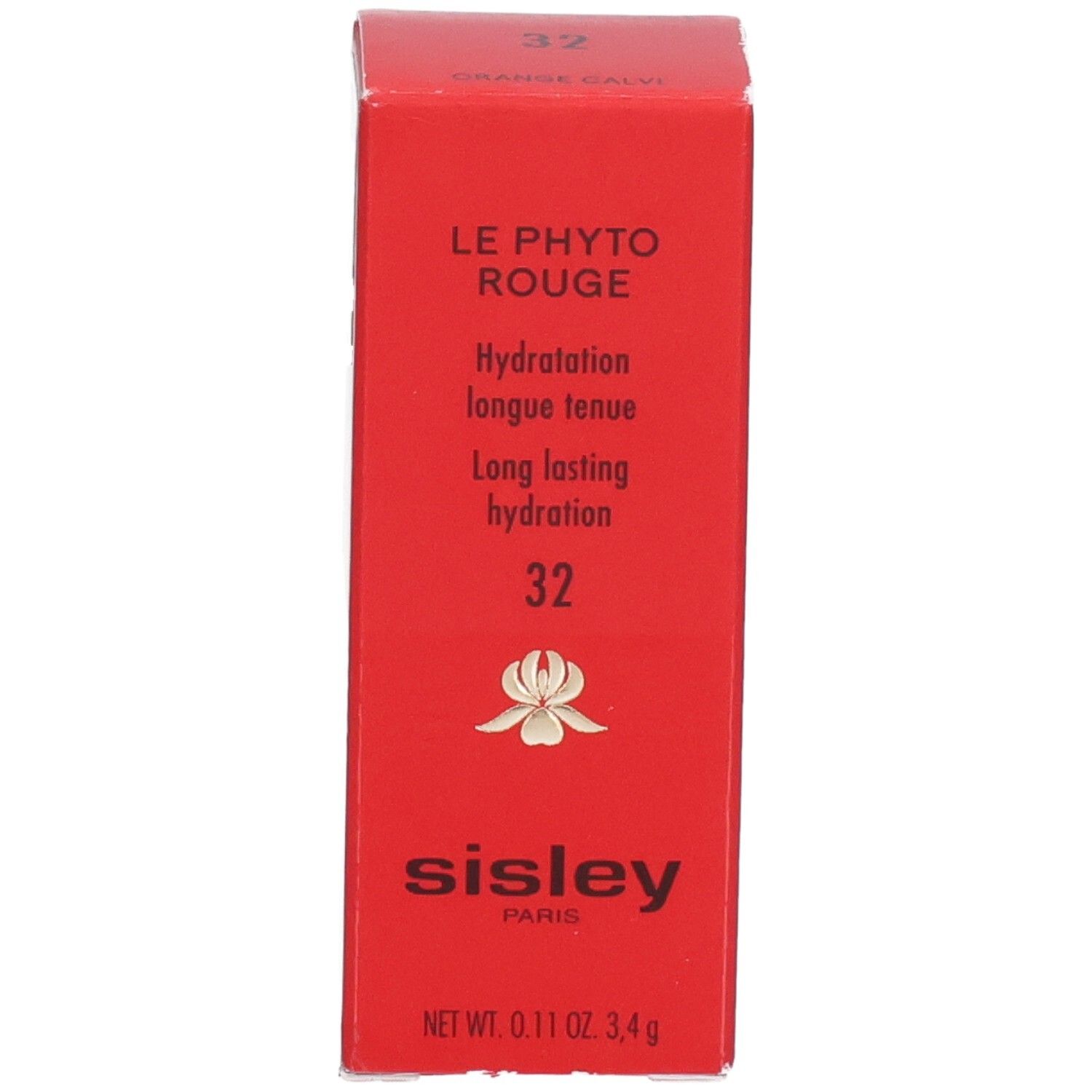 Emballage Sisley Le Phyto Rouge, boîte rouge avec fleur dorée et logo.
