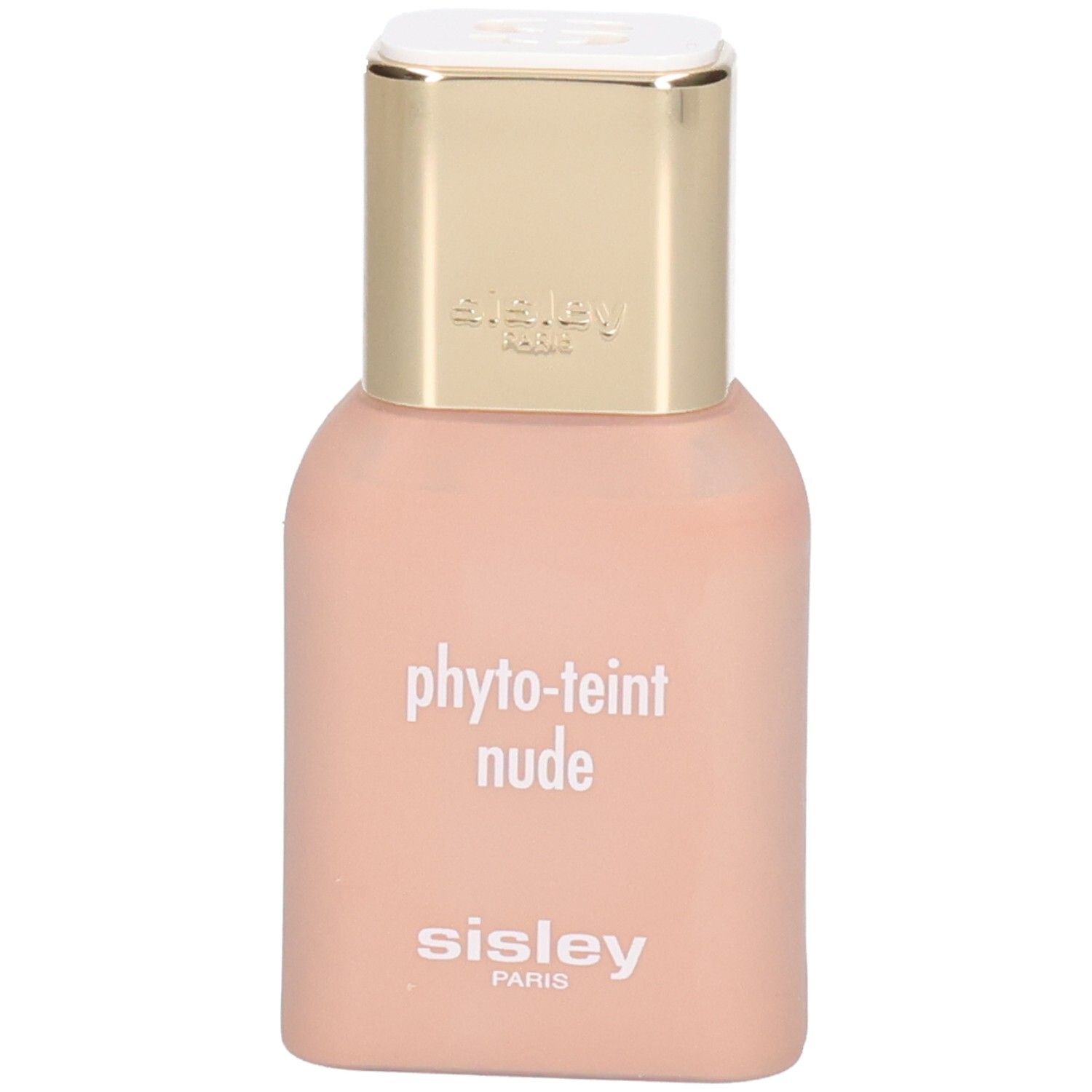Flacon de fond de teint Sisley Phyto-Teint Nude, teinte pêche claire, avec bouchon doré.