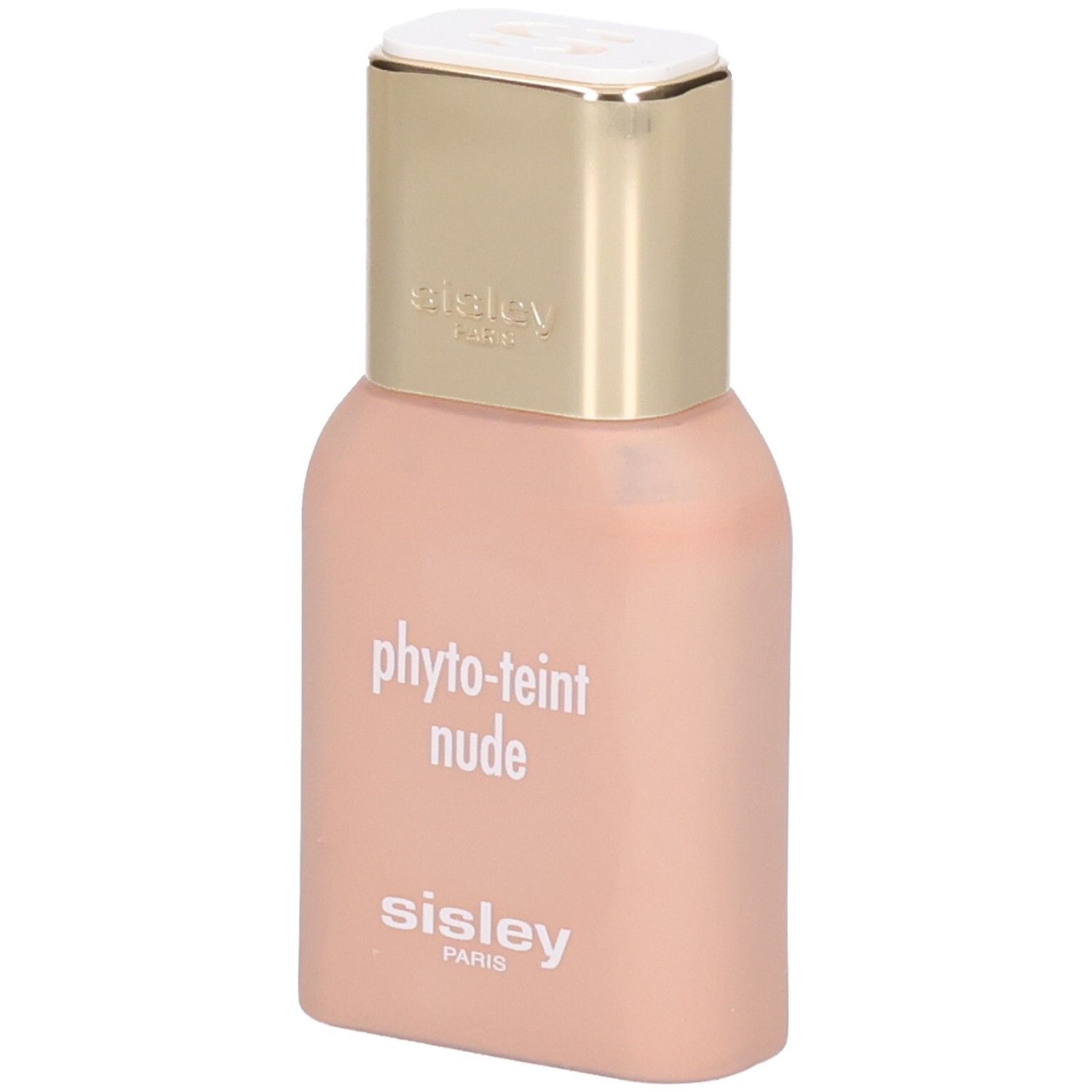Flacon de fond de teint Sisley Phyto-Teint Nude, teinte pêche claire, avec bouchon doré.