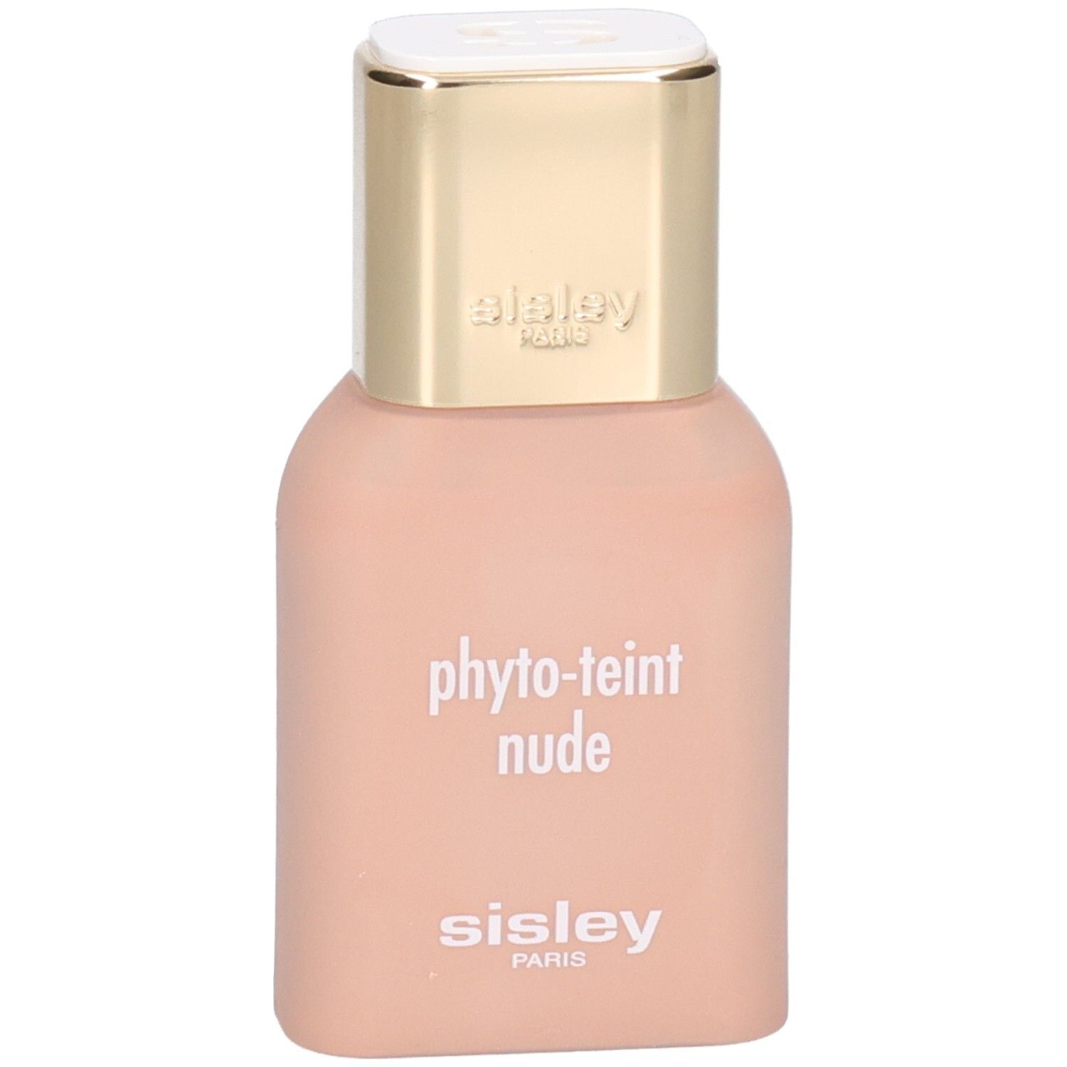 Flacon de fond de teint Sisley Phyto-Teint Nude, teinte pêche claire, avec bouchon doré.