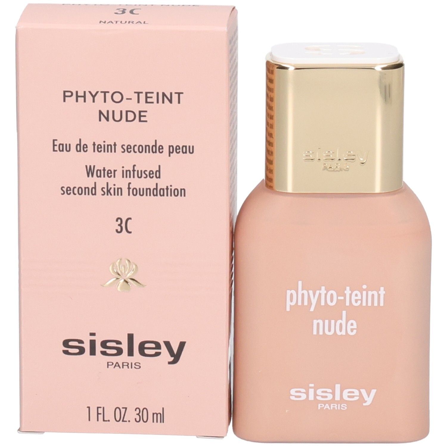 Flacon et emballage du fond de teint Sisley Phyto-Teint Nude, teinte pêche claire.
