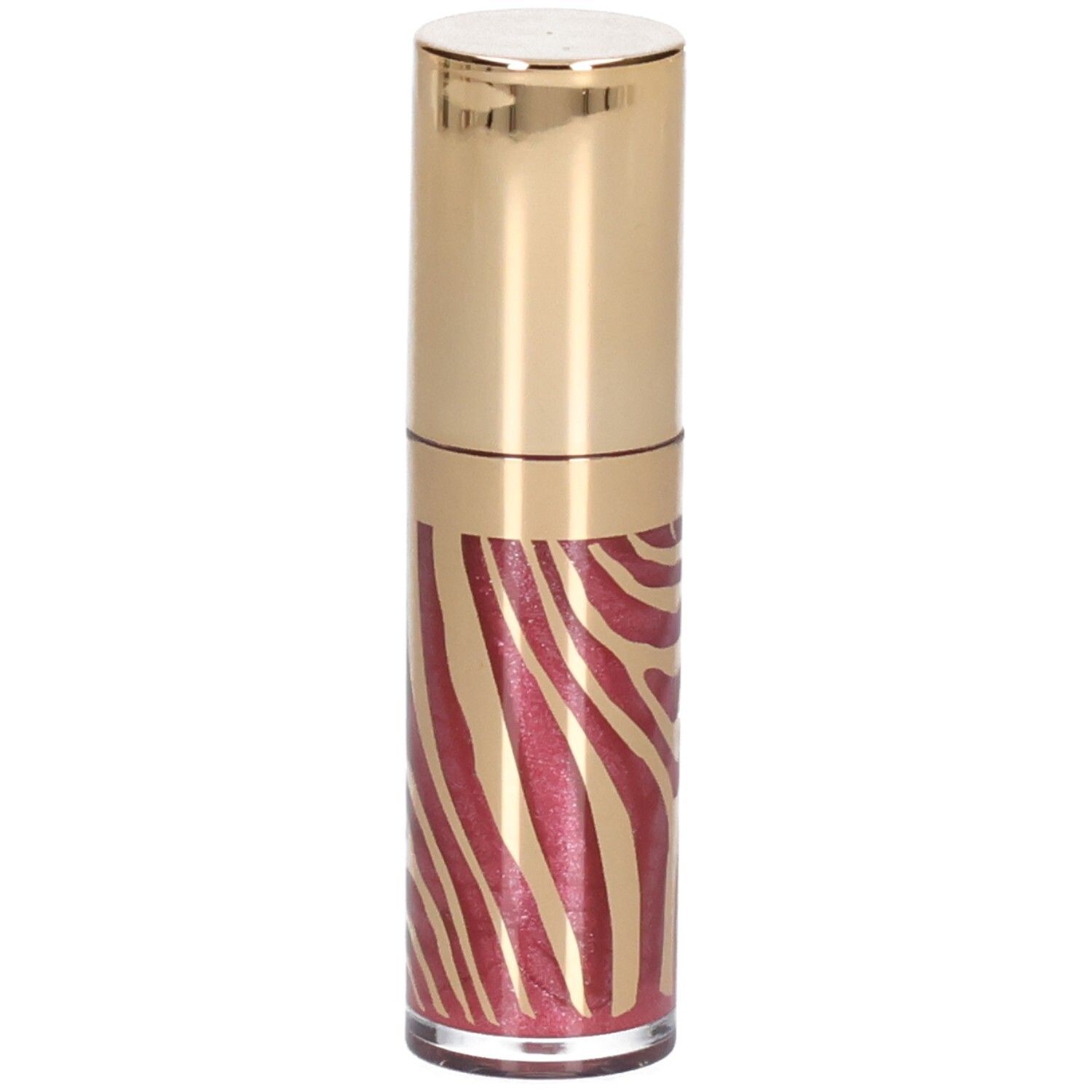 Un rouge à lèvres brillant avec un capuchon doré et un motif zèbre rouge.