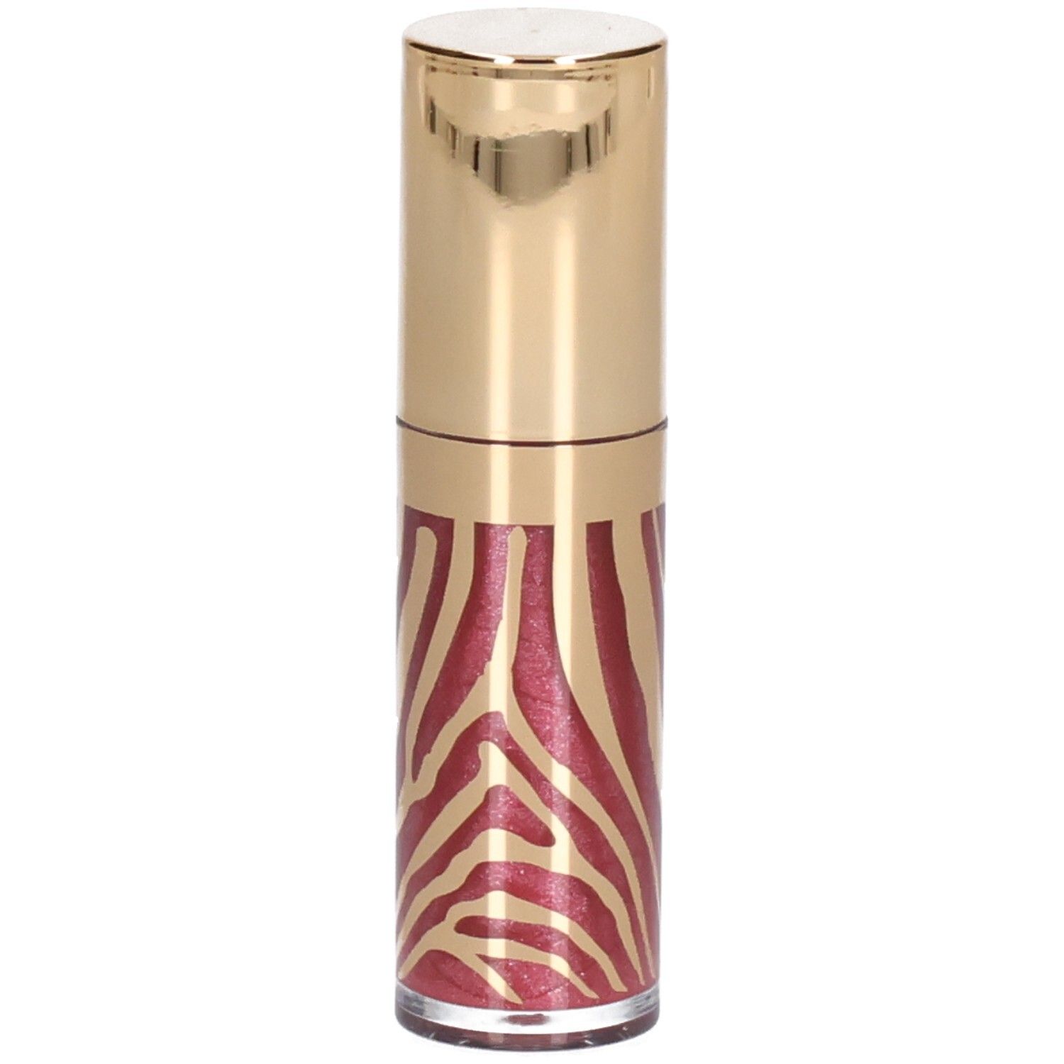 Un rouge à lèvres brillant avec un capuchon doré et un motif zèbre rouge.