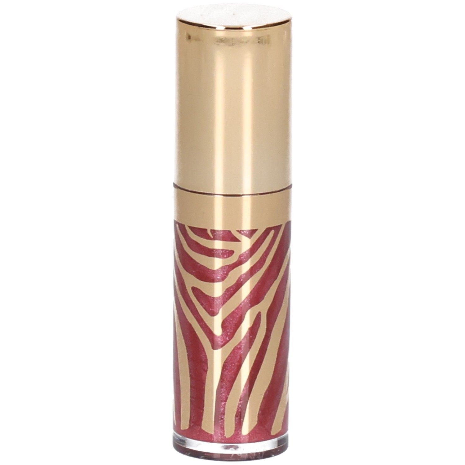 Un rouge à lèvres brillant avec un capuchon doré et un motif zèbre rouge.