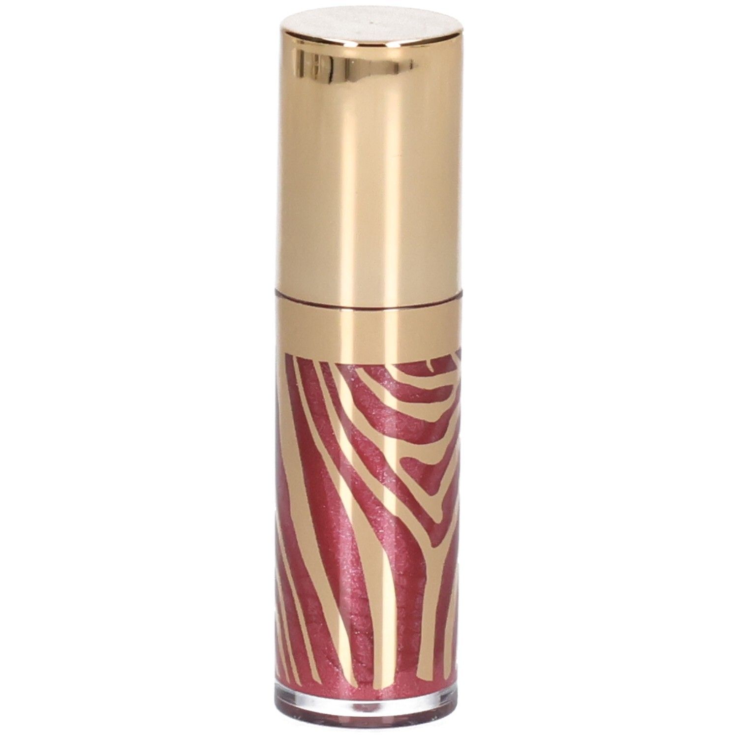 Un rouge à lèvres brillant avec un capuchon doré et un motif zèbre rouge.