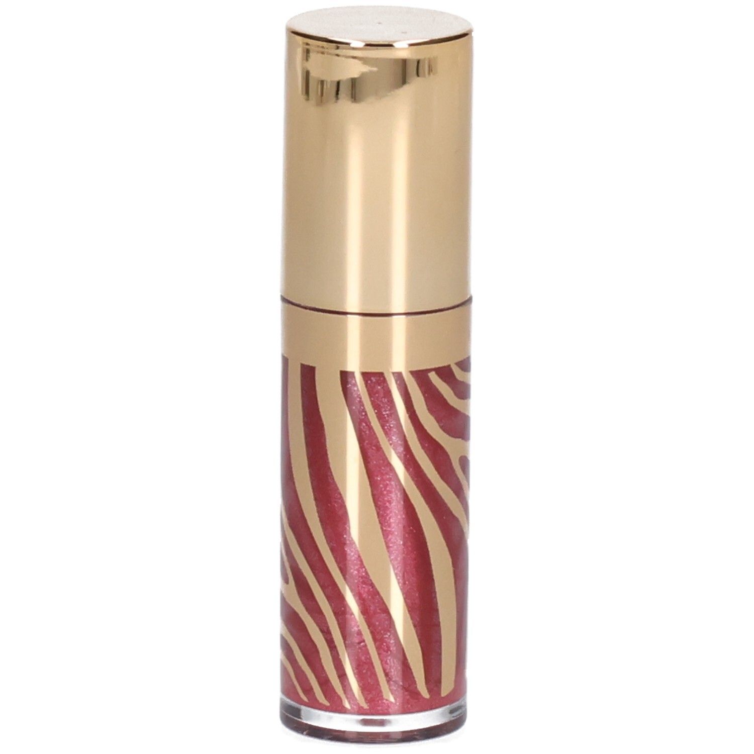 Un rouge à lèvres brillant avec un capuchon doré et un motif zèbre rouge.