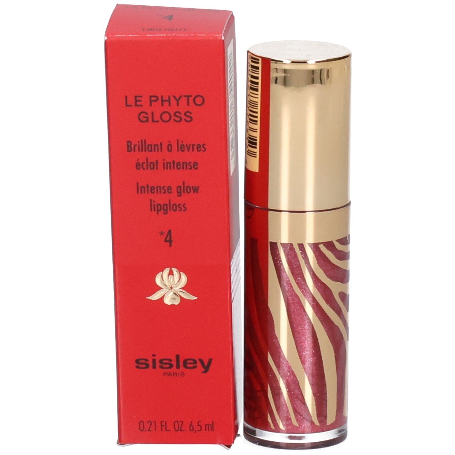 Sisley Le Phyto Gloss N°4, brillant à lèvres éclat intense dans un emballage zèbre rouge.