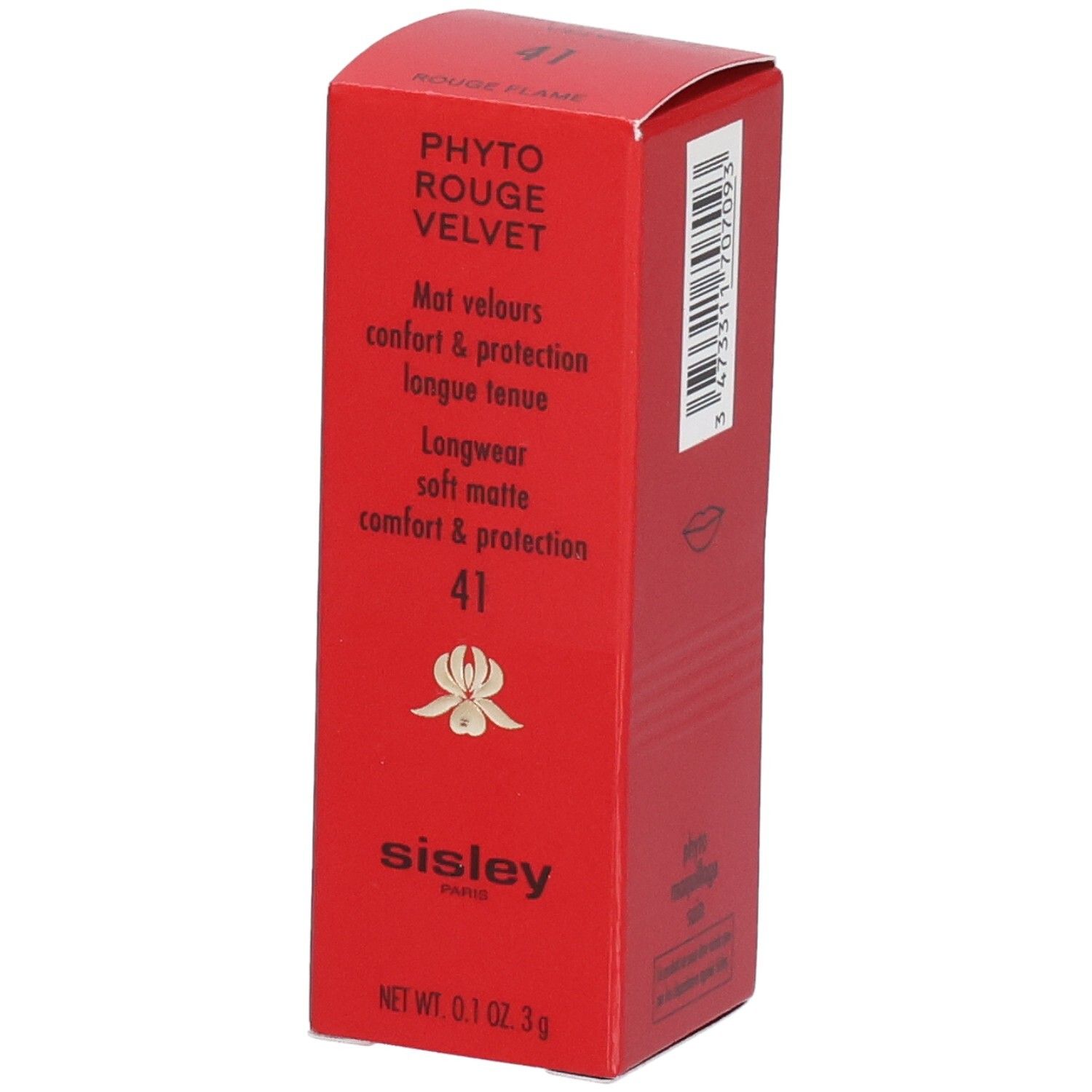Sisley Phyto Rouge Velvet Rouge à lèvres, couleur 41, emballage rouge avec texte et fleur.