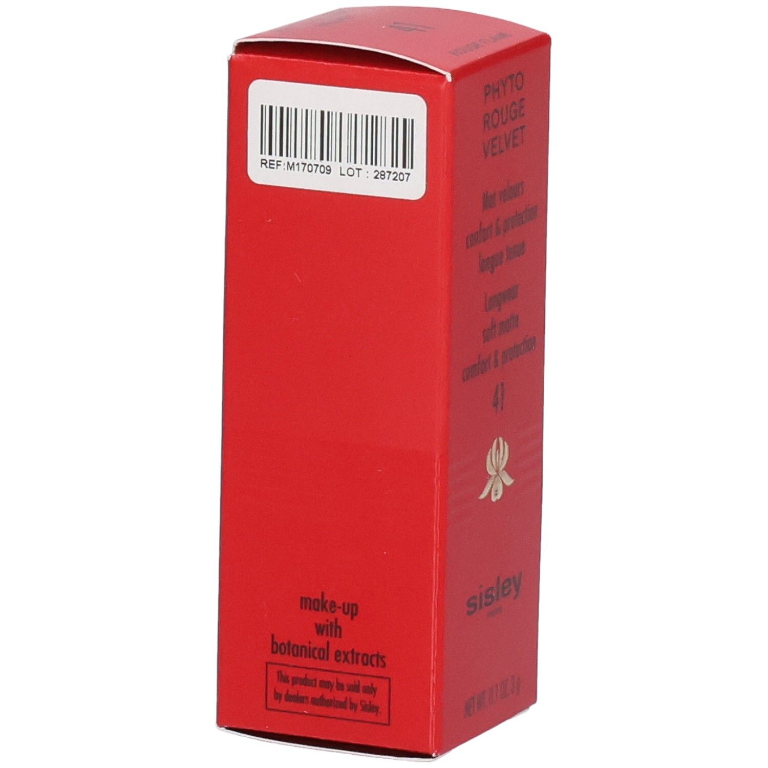 Sisley Phyto Rouge Velvet Rouge à lèvres, emballage rouge avec code-barres et texte.