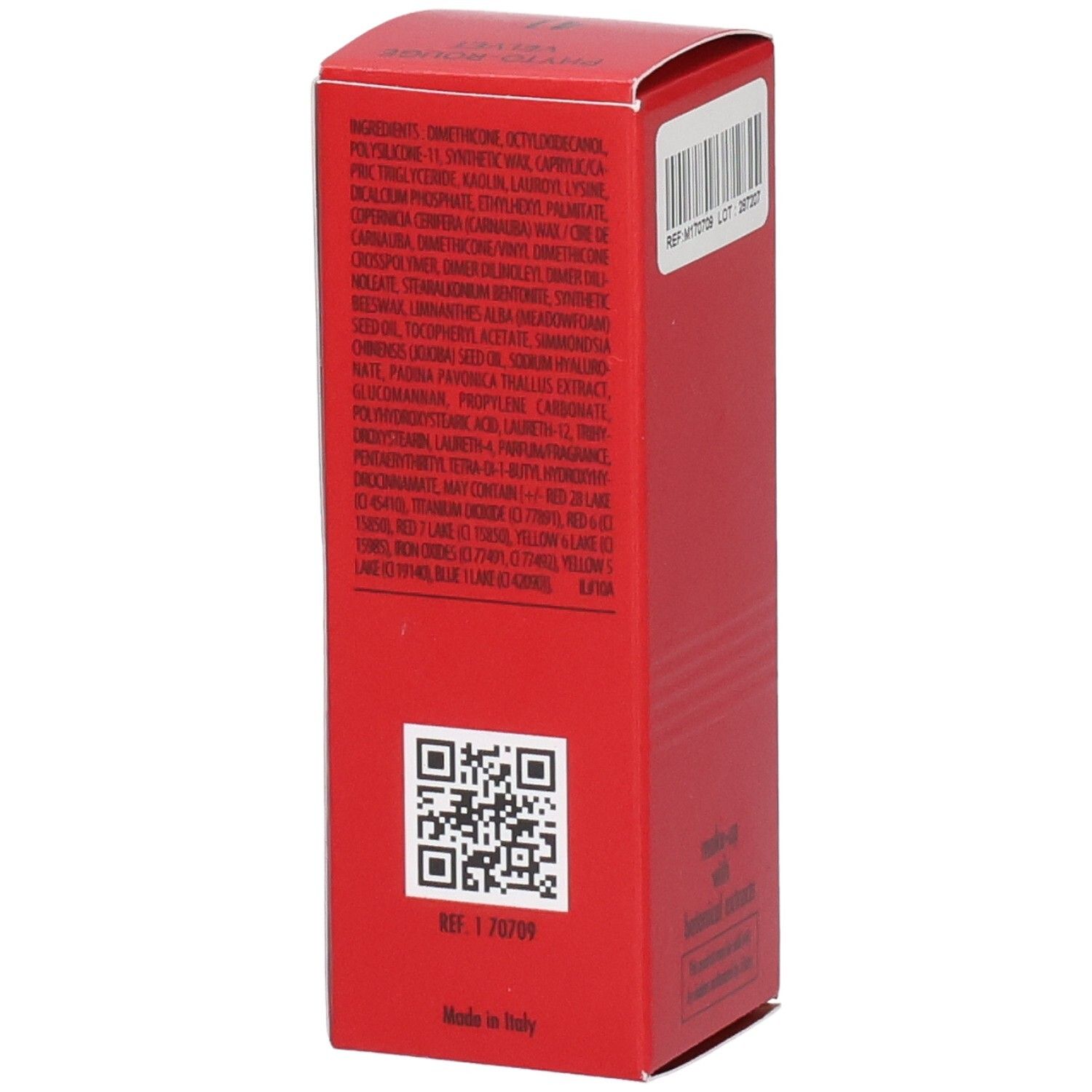 Sisley Phyto Rouge Velvet Rouge à lèvres, emballage rouge avec ingrédients et code QR.