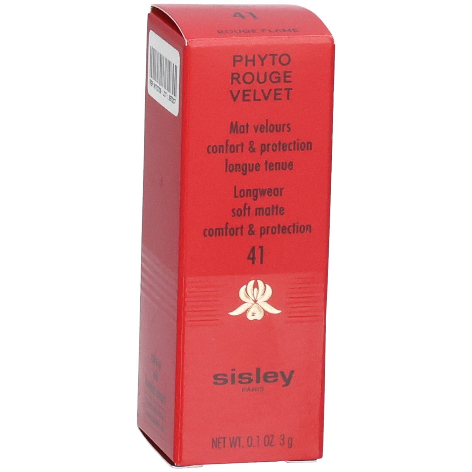 Sisley Phyto Rouge Velvet Rouge à lèvres, couleur 41, emballage rouge avec texte et fleur.