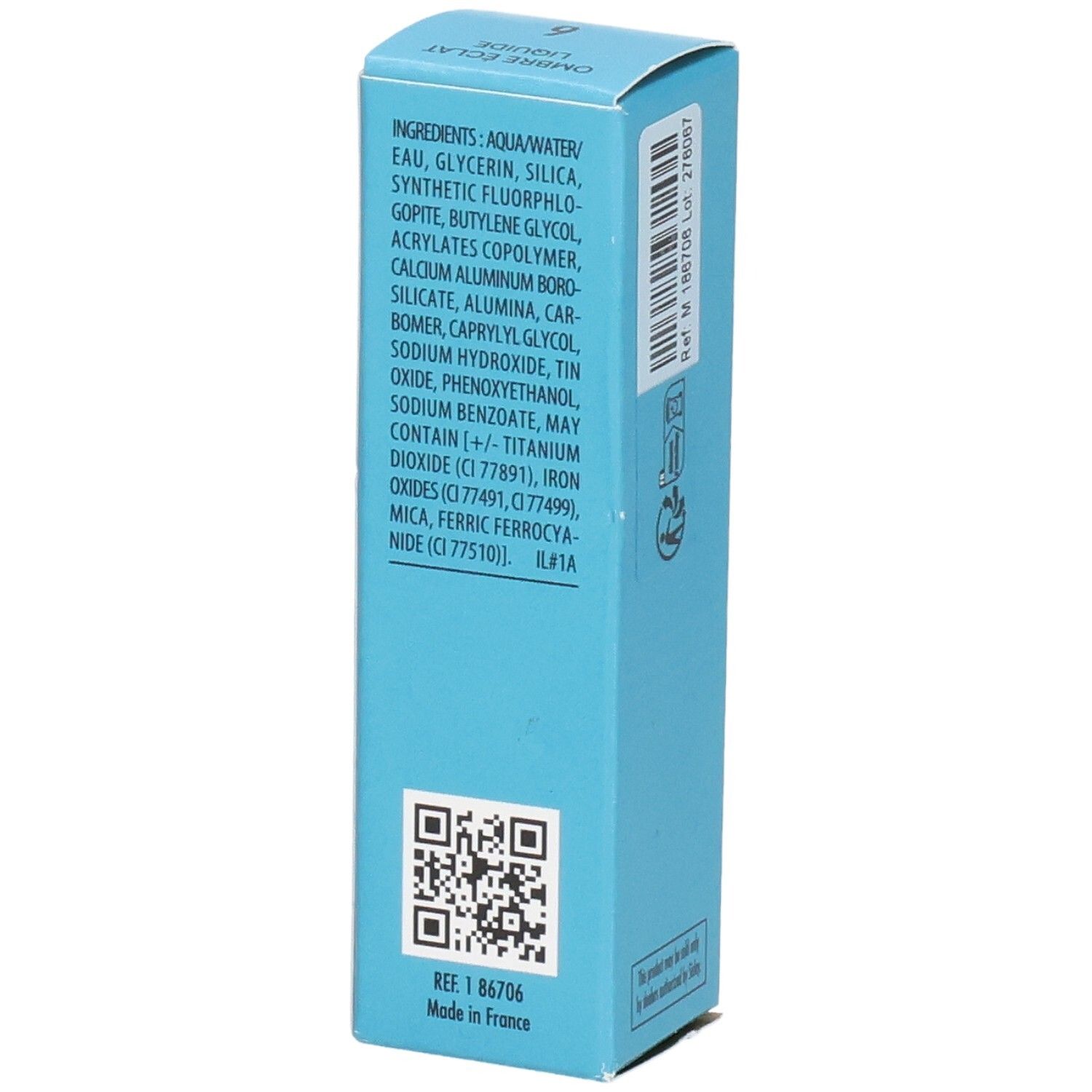 Emballage Sisley Ombre Eclat Liquide, côté avec ingrédients et QR code.