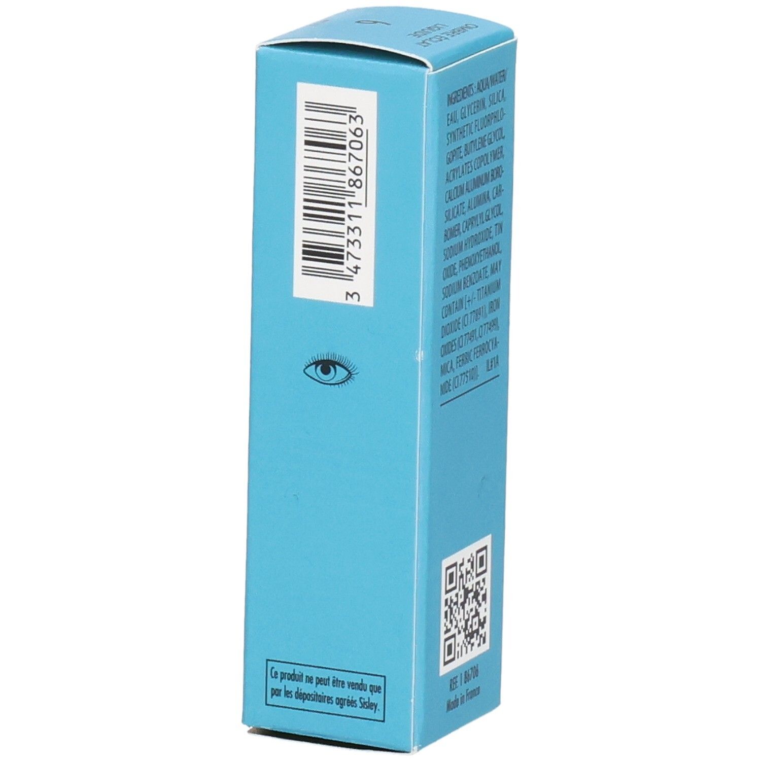 Emballage Sisley Ombre Eclat Liquide, côté avec code-barres et symbole d'œil.
