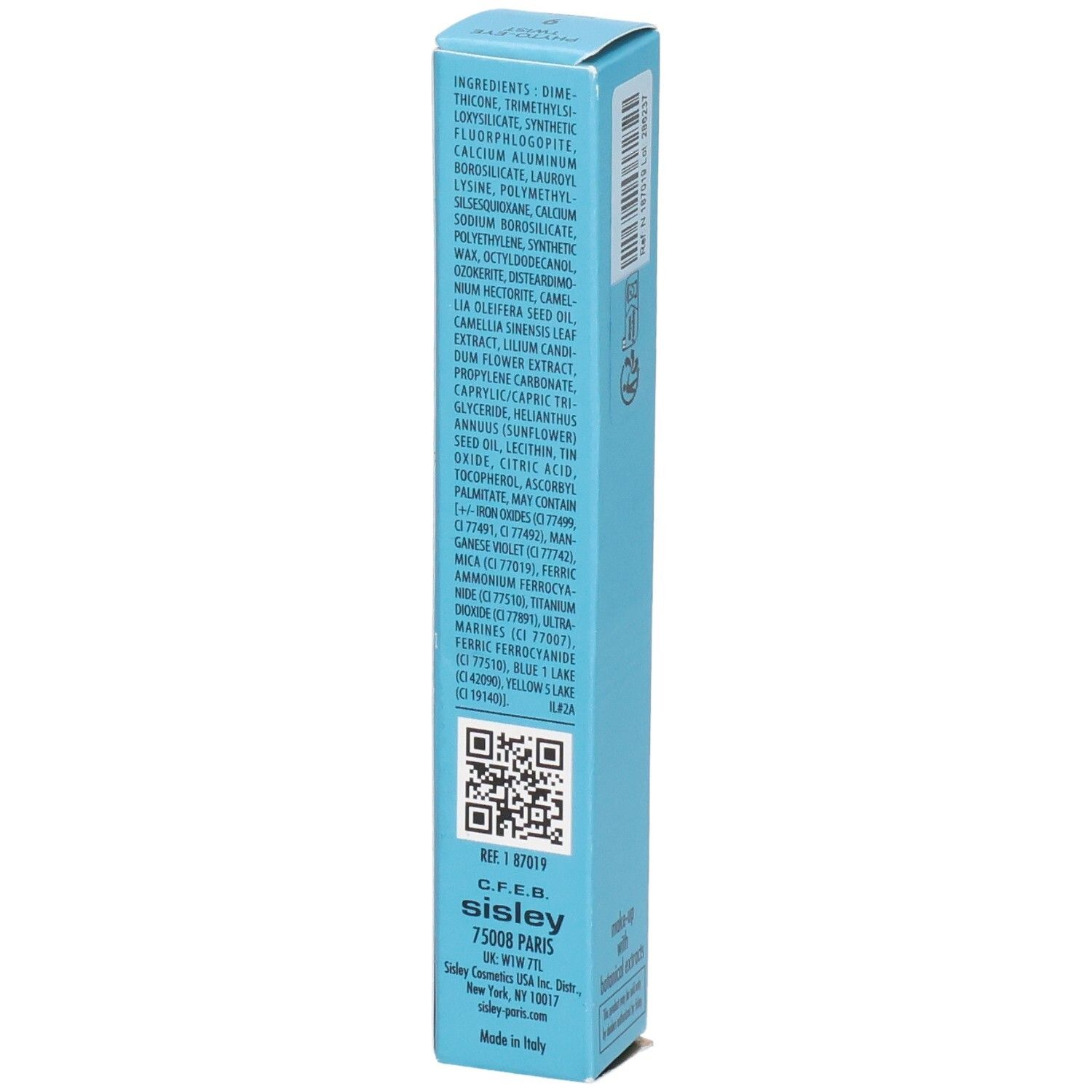 Sisley Phyto-Eye Twist crayon fard à paupières bleu clair, côté avec ingrédients et code QR.