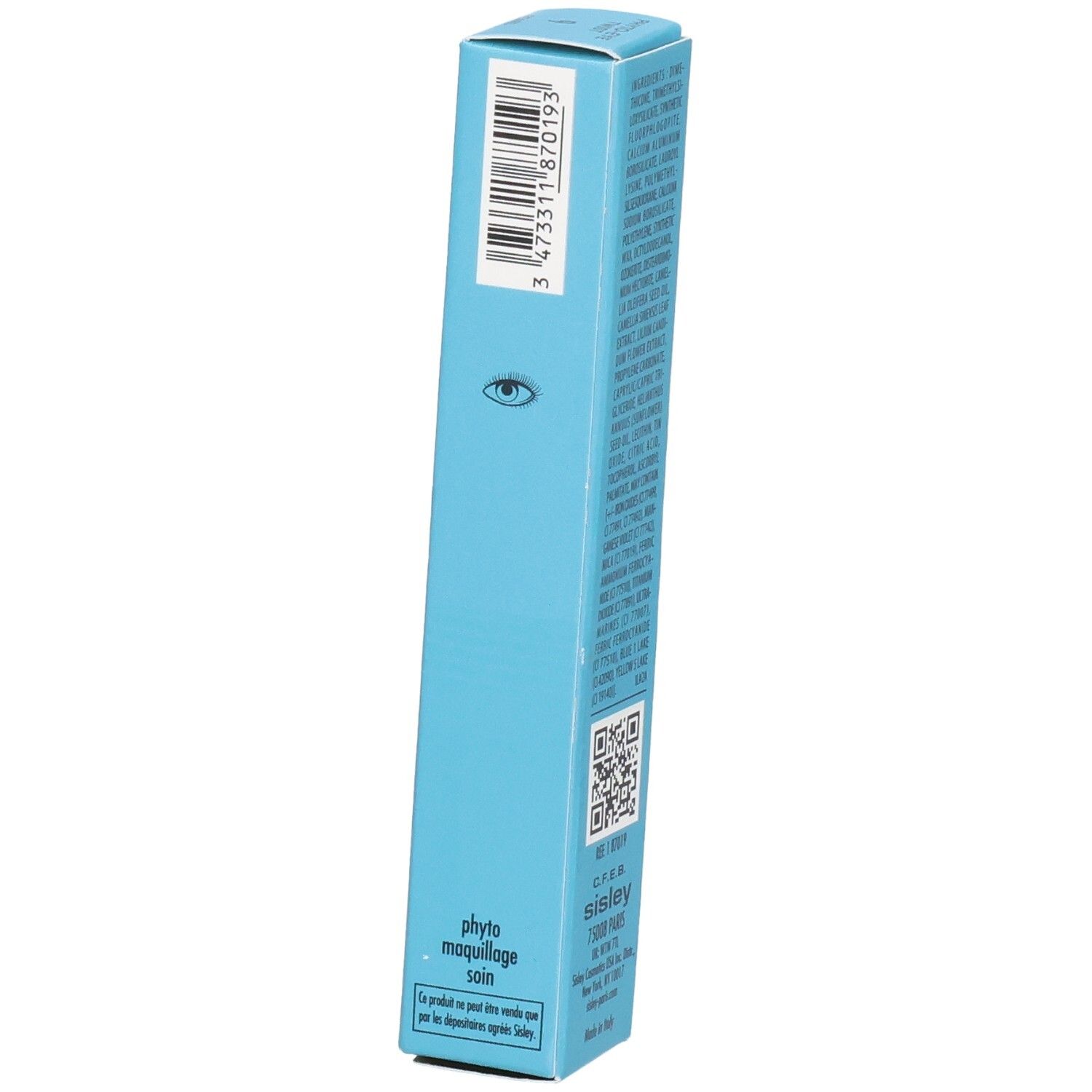 Sisley Phyto-Eye Twist crayon fard à paupières bleu clair, côté avec symbole œil et code QR.