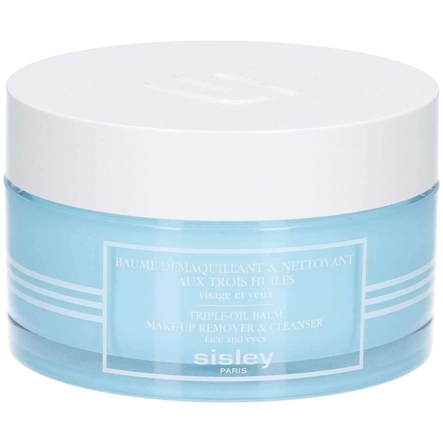 Sisley Baume Demaquillant dans un pot en verre bleu avec un couvercle blanc.