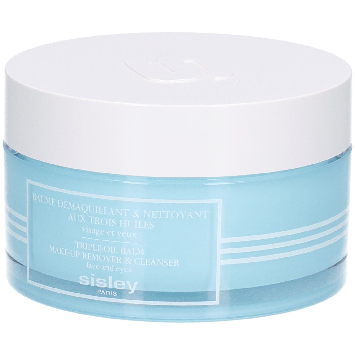 Sisley Baume Demaquillant dans un pot en verre bleu avec un couvercle blanc.