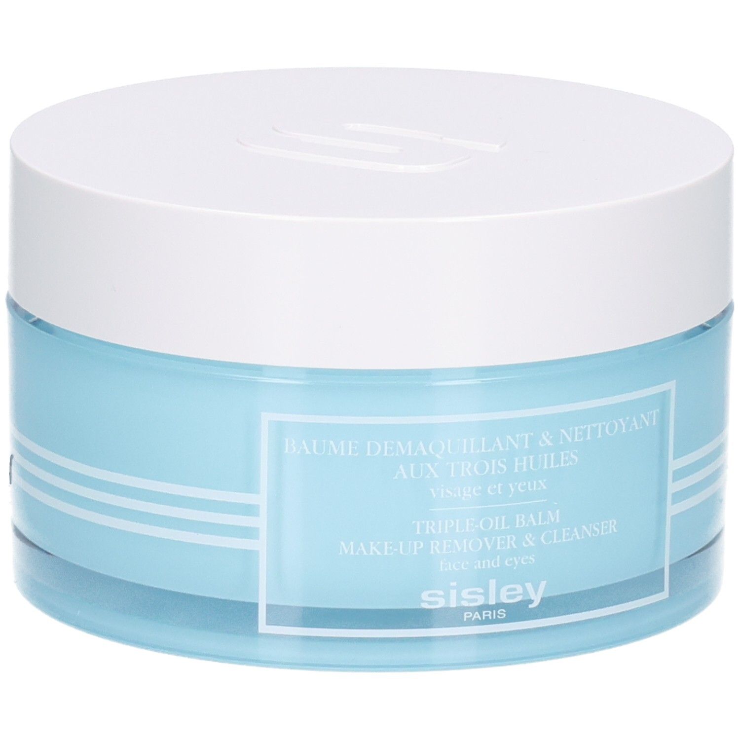 Sisley Baume Demaquillant dans un pot en verre bleu avec un couvercle blanc.