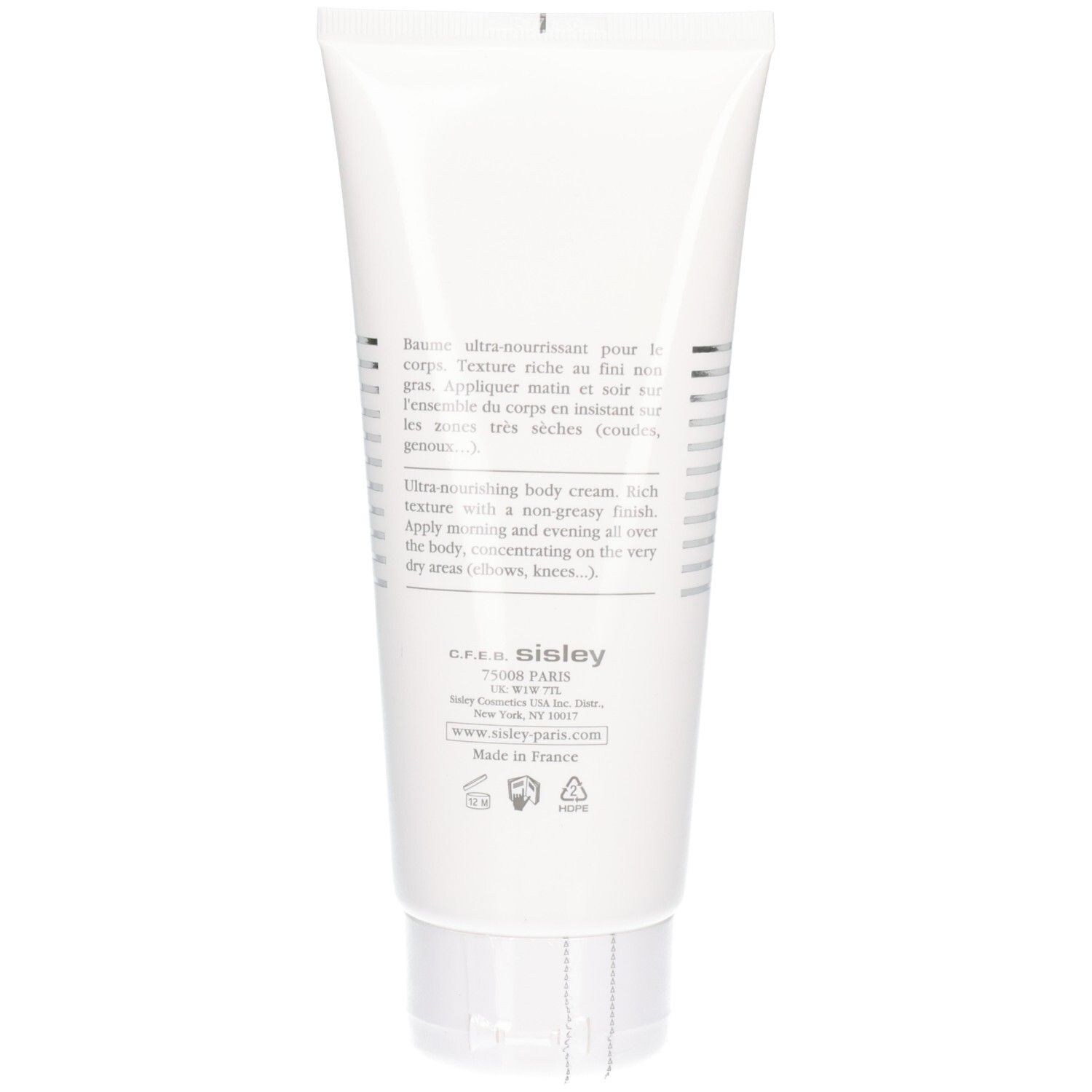 Arrière d'un tube blanc avec des informations détaillées sur le produit et le logo SISLEY.