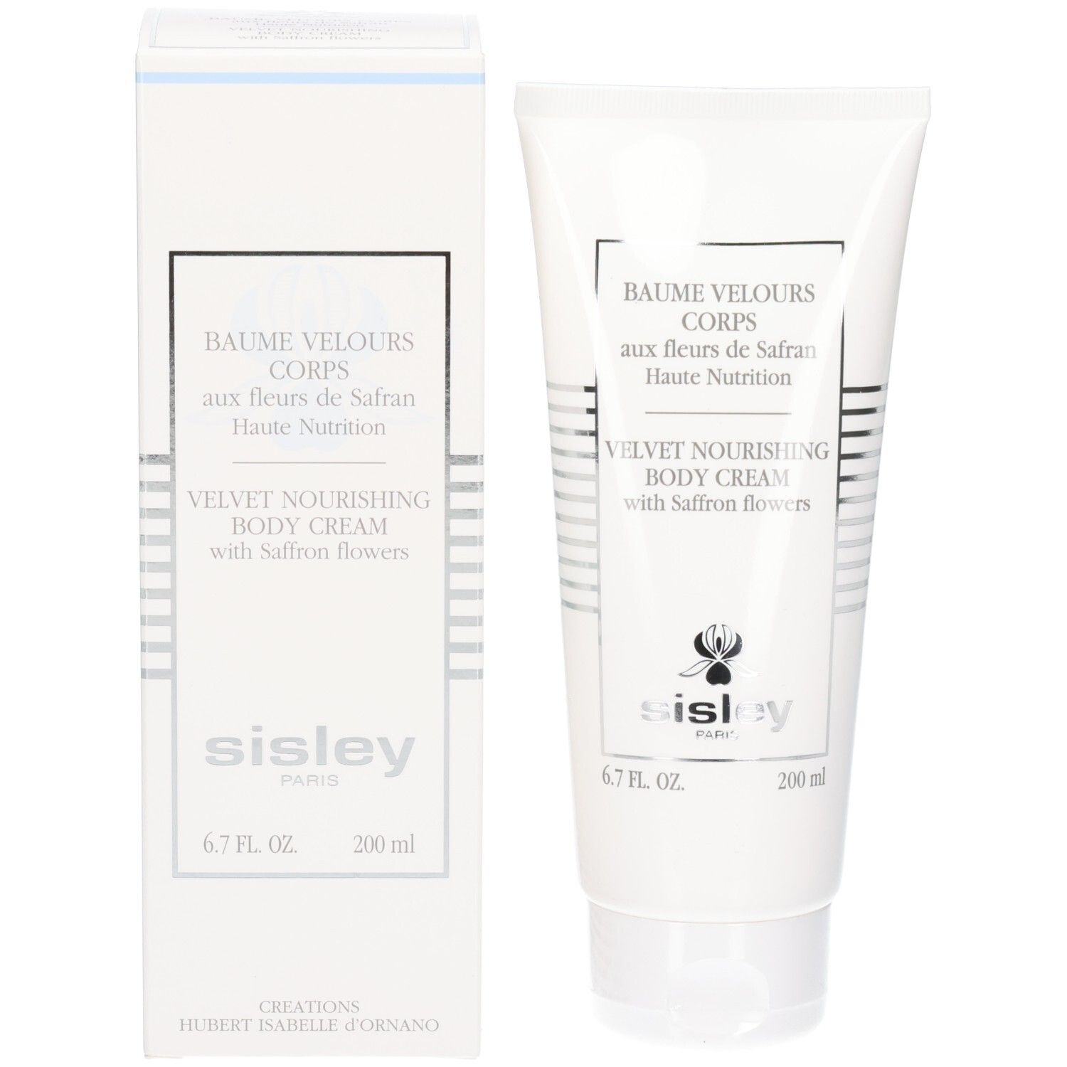 Tube blanc et boîte pliante pour la crème corps SISLEY aux fleurs de safran.