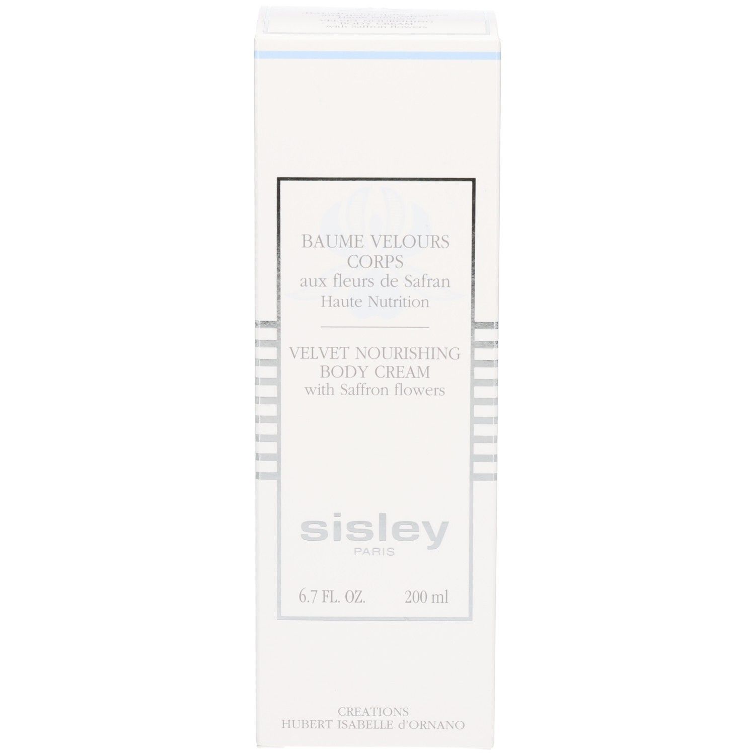 Avant d'une boîte pliante blanche pour la crème corps SISLEY aux fleurs de safran.
