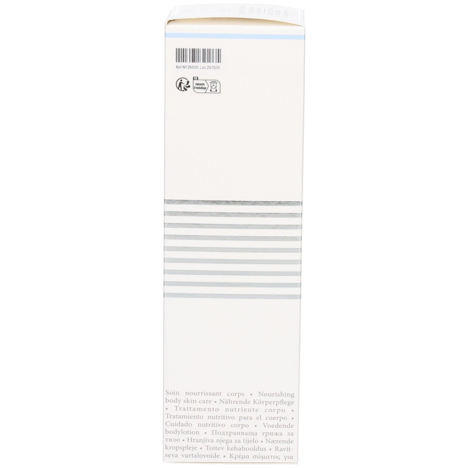 Côté d'une boîte pliante blanche avec des descriptions de produit multilingues.