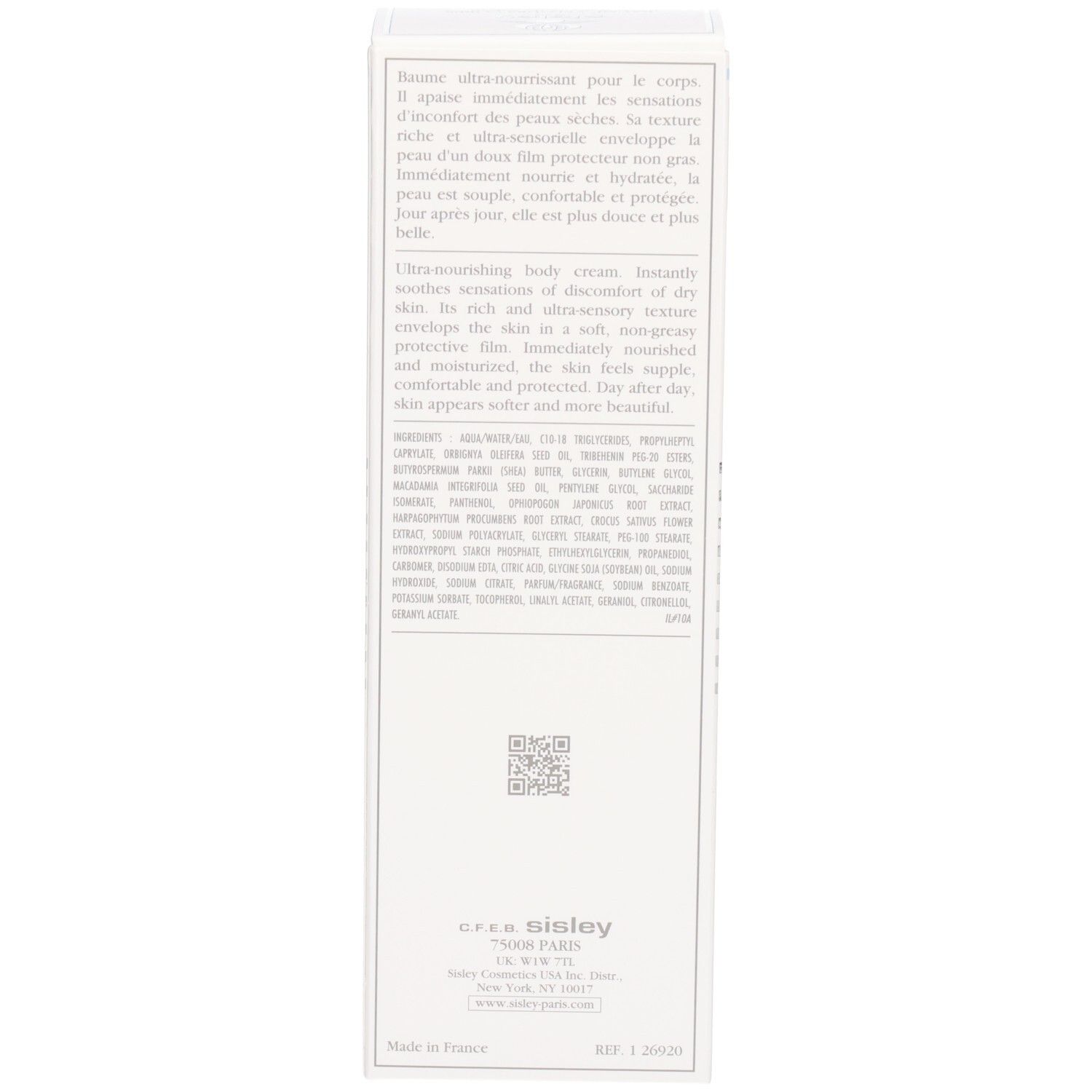 Arrière d'une boîte pliante blanche avec des informations détaillées sur le produit et un code QR.