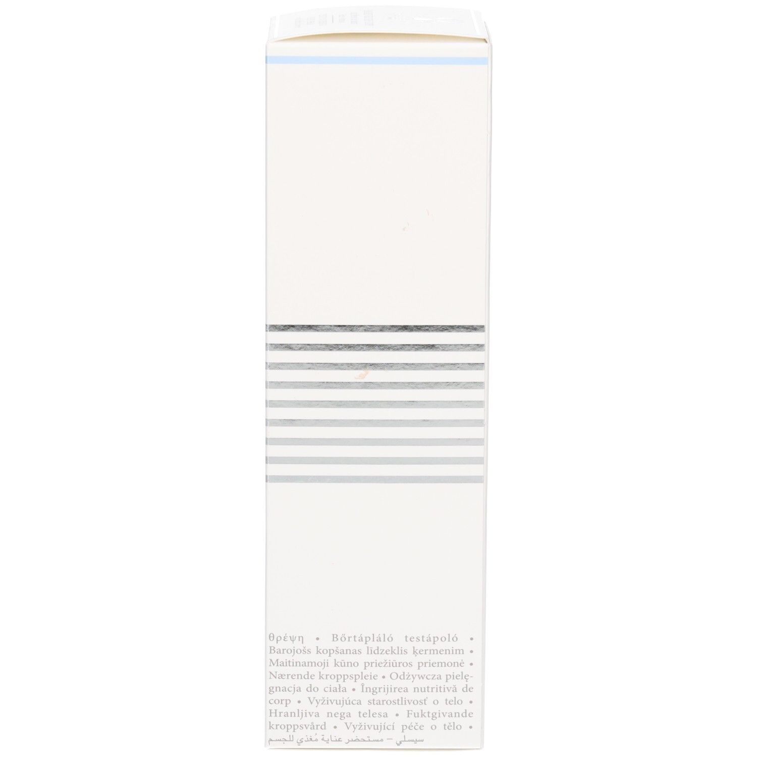 Côté d'une boîte pliante blanche avec des descriptions de produit multilingues et des sceaux.