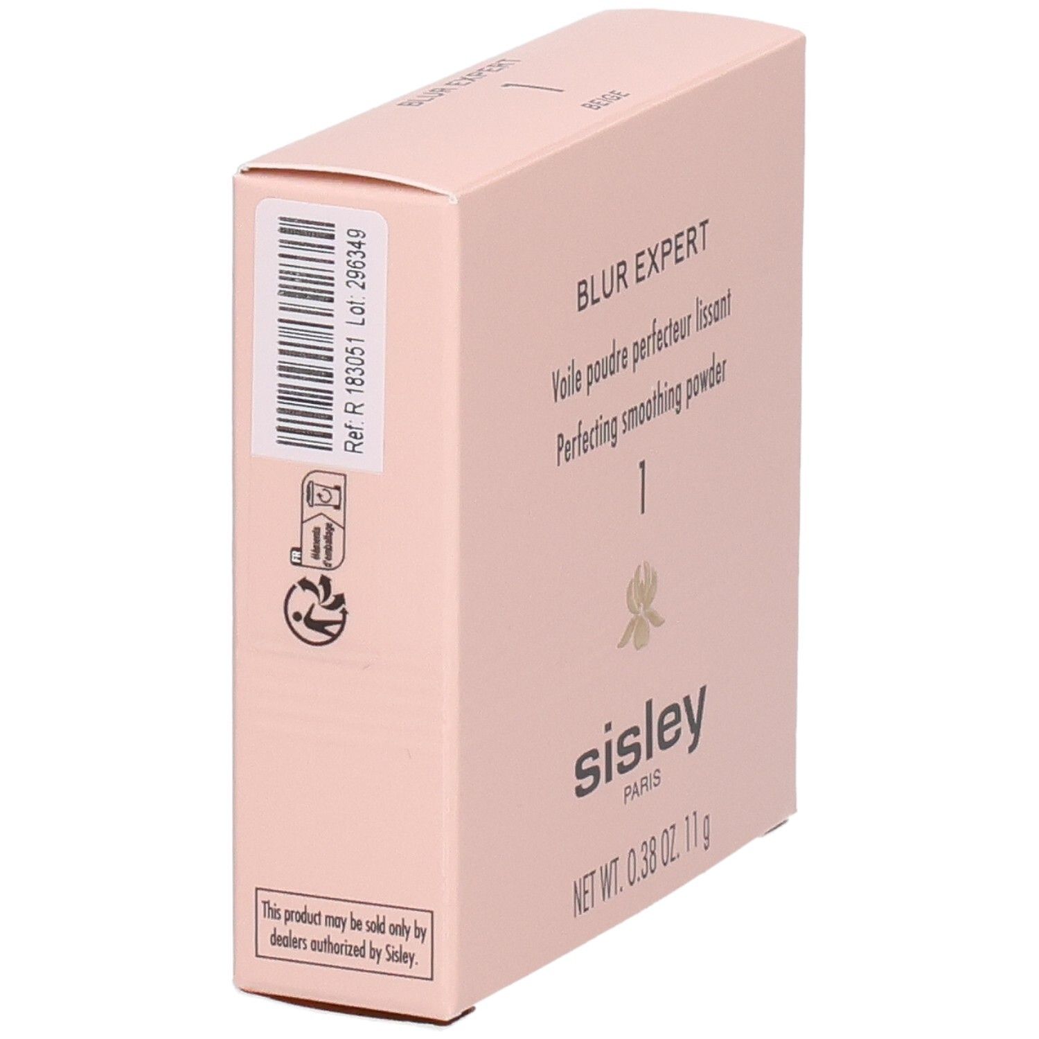 Boîte de poudre Sisley Blur Expert, dos avec code-barres et informations produit.