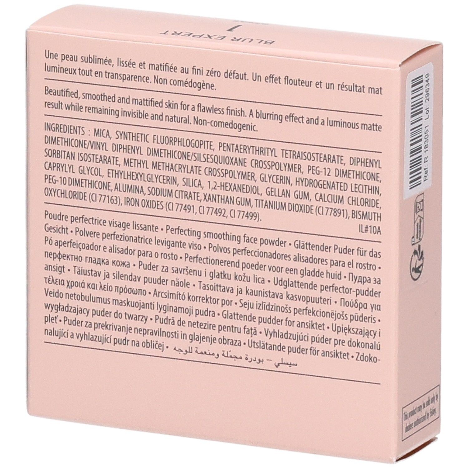 Boîte de poudre Sisley Blur Expert, côté avec ingrédients et instructions.