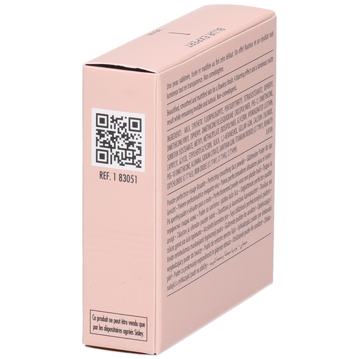 Boîte de poudre Sisley Blur Expert, côté avec QR-code et numéro de référence.