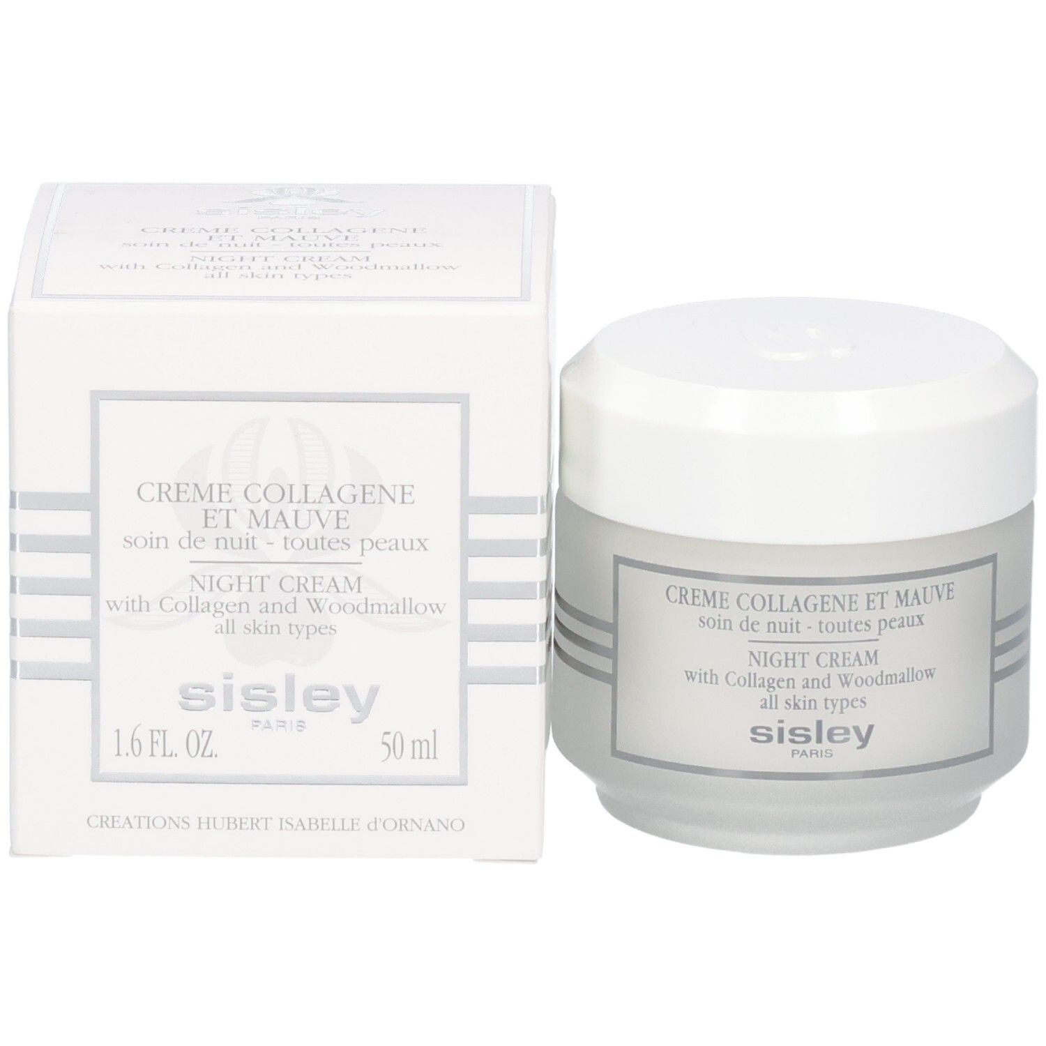 Sisley Crème Collagène et Mauve, crème de nuit, et son emballage, 50 ml.