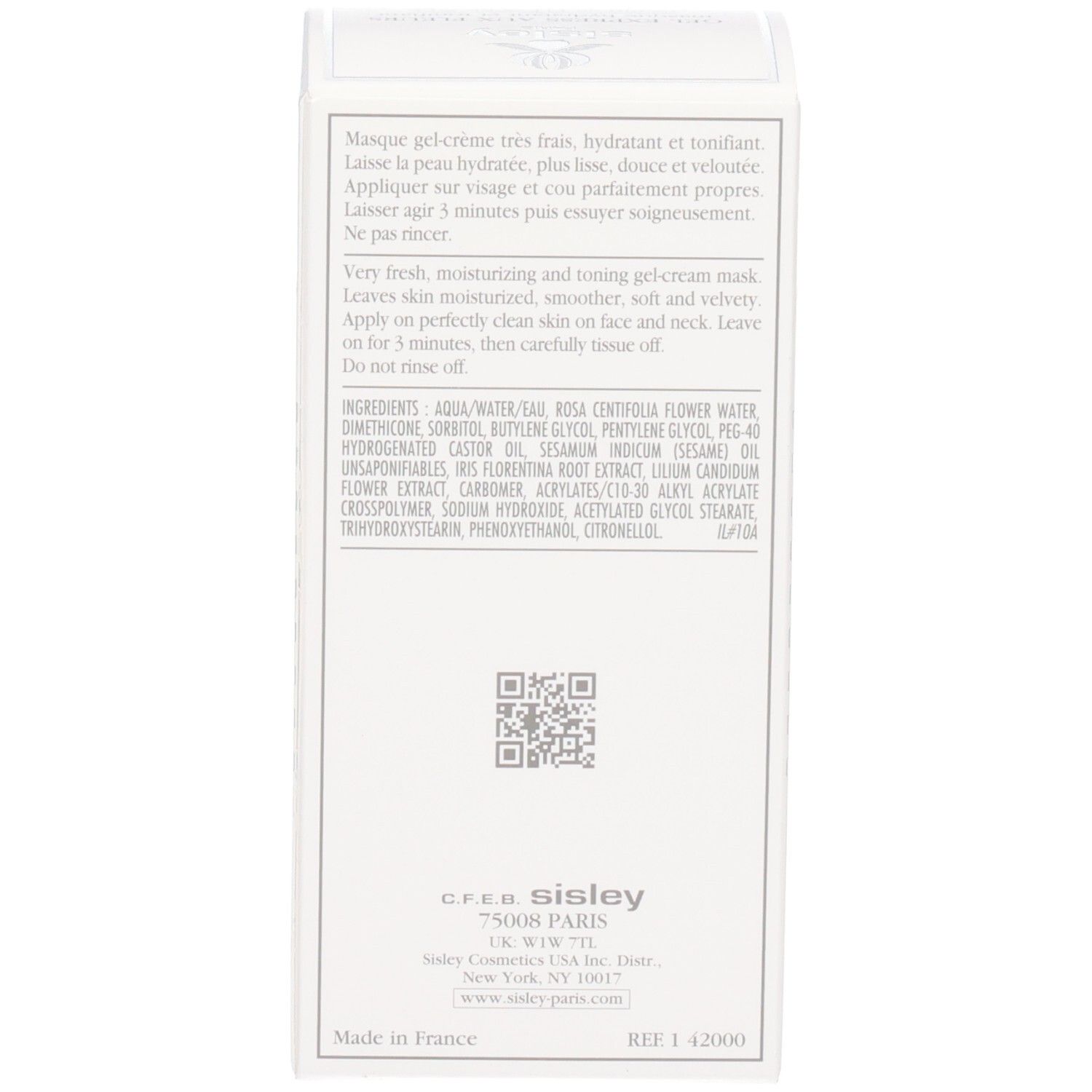 Arrière de la boîte Sisley Gel Express aux Fleurs avec ingrédients.
