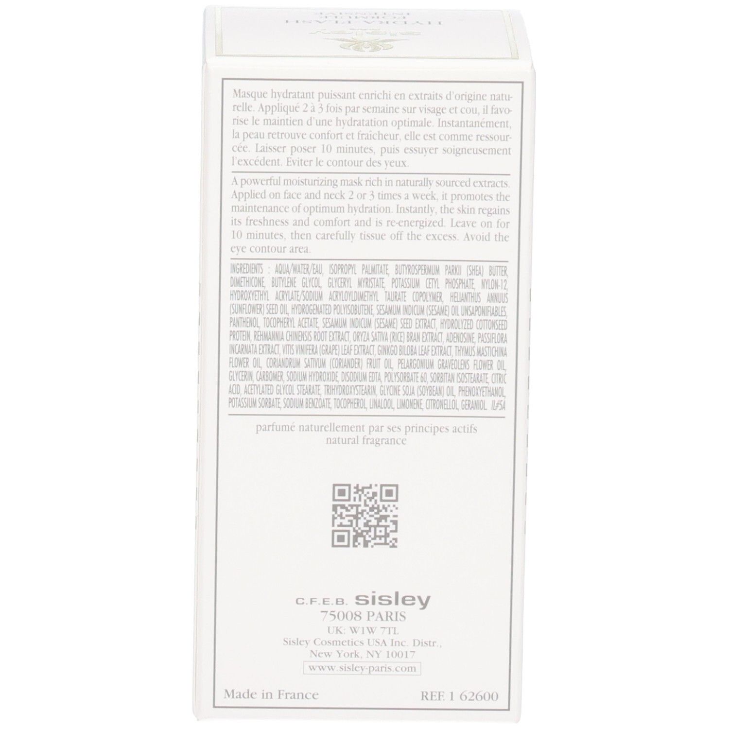 Arrière de la boîte Sisley Hydra-Flash Formule Intensive avec ingrédients.
