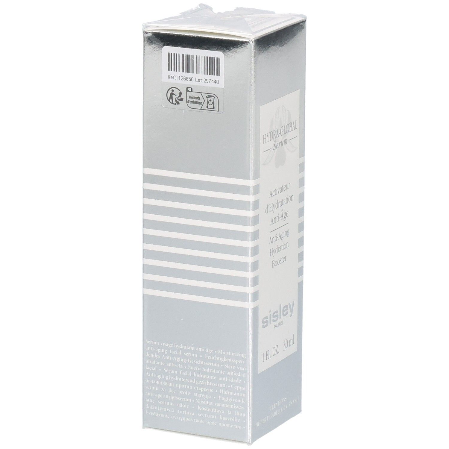 Emballage Sisley Hydra-Global Sérum Anti-Âge avec code-barres et informations produit.
