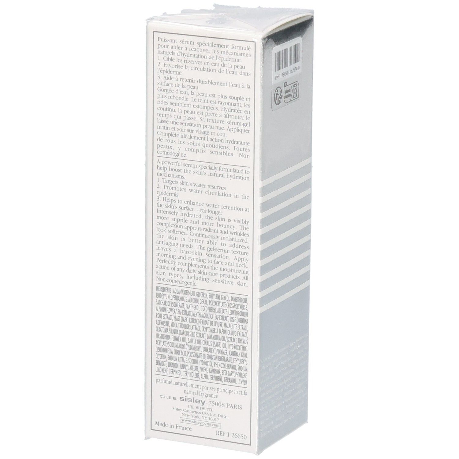 Emballage Sisley Hydra-Global Sérum Anti-Âge avec instructions d'utilisation et liste des ingrédients.