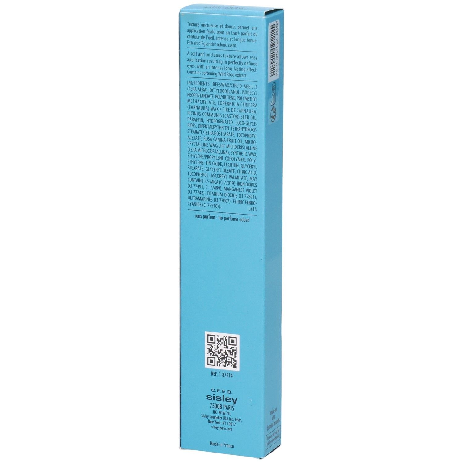 Arrière de la boîte Sisley Phyto-Khol Perfect Eyeliner avec liste des ingrédients et QR code.
