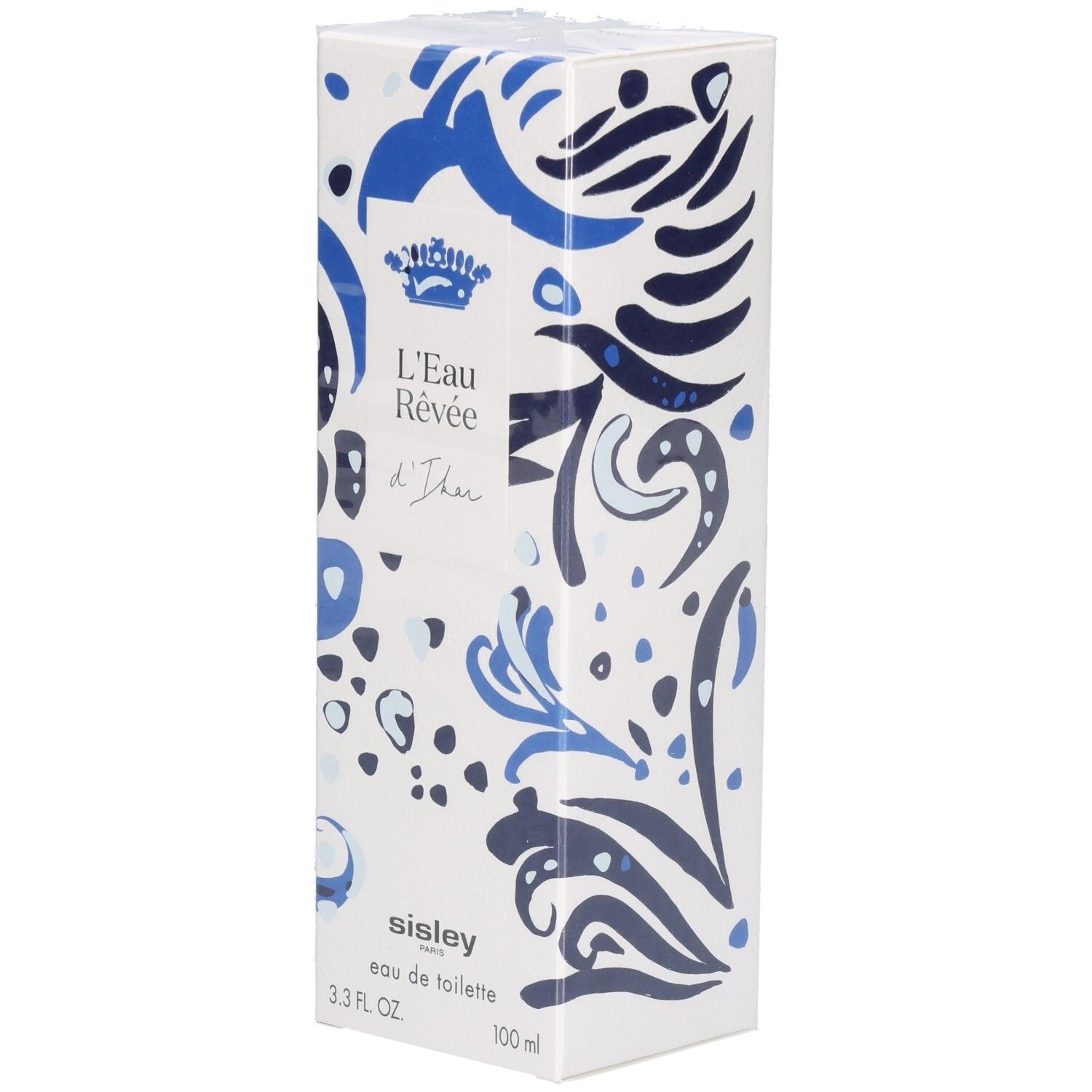 Boîte de L'Eau Rêvée d'Ikar avec motif bleu et blanc et couronne royale.