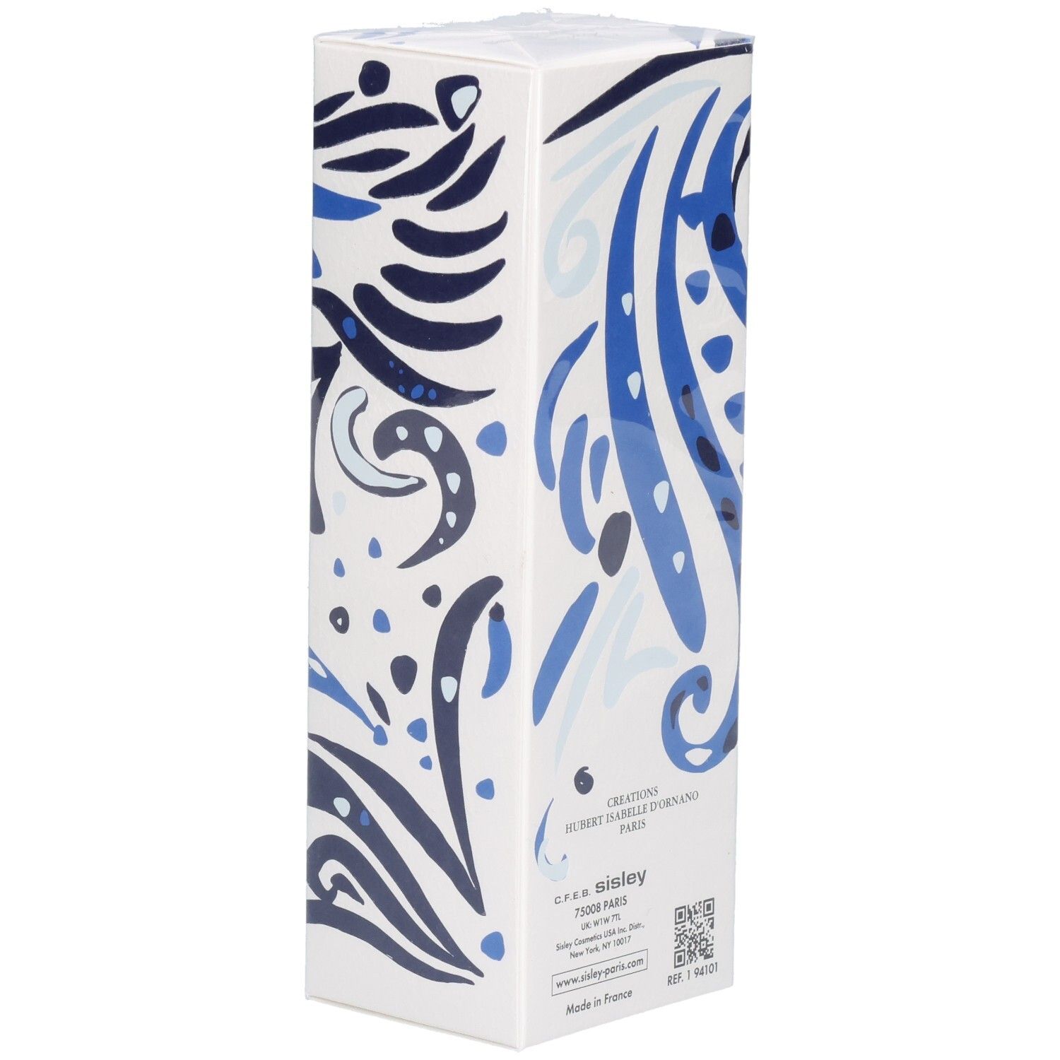 Côté de la boîte L'Eau Rêvée d'Ikar avec motif bleu et blanc.