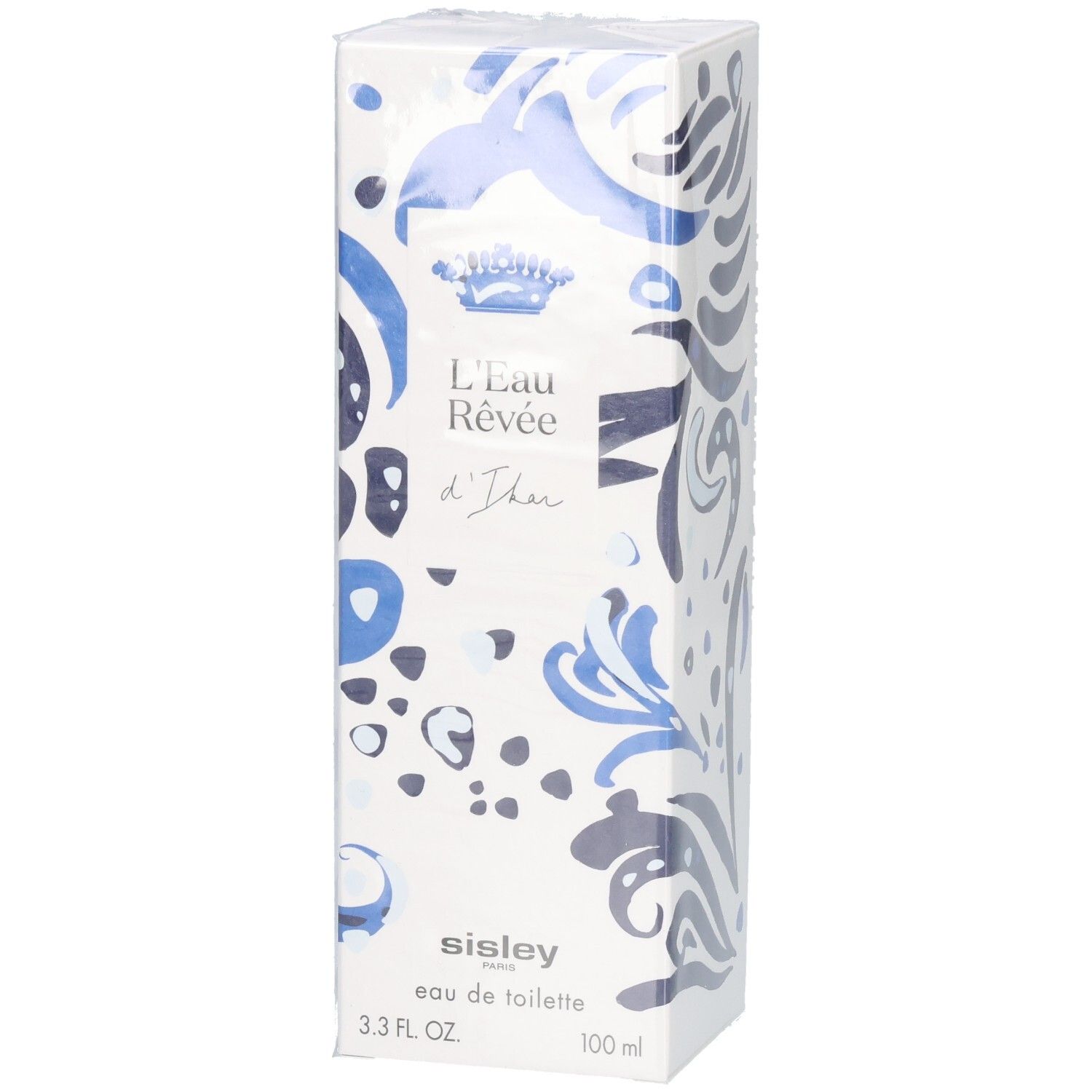 Boîte de L'Eau Rêvée d'Ikar avec motif bleu et blanc et couronne royale.