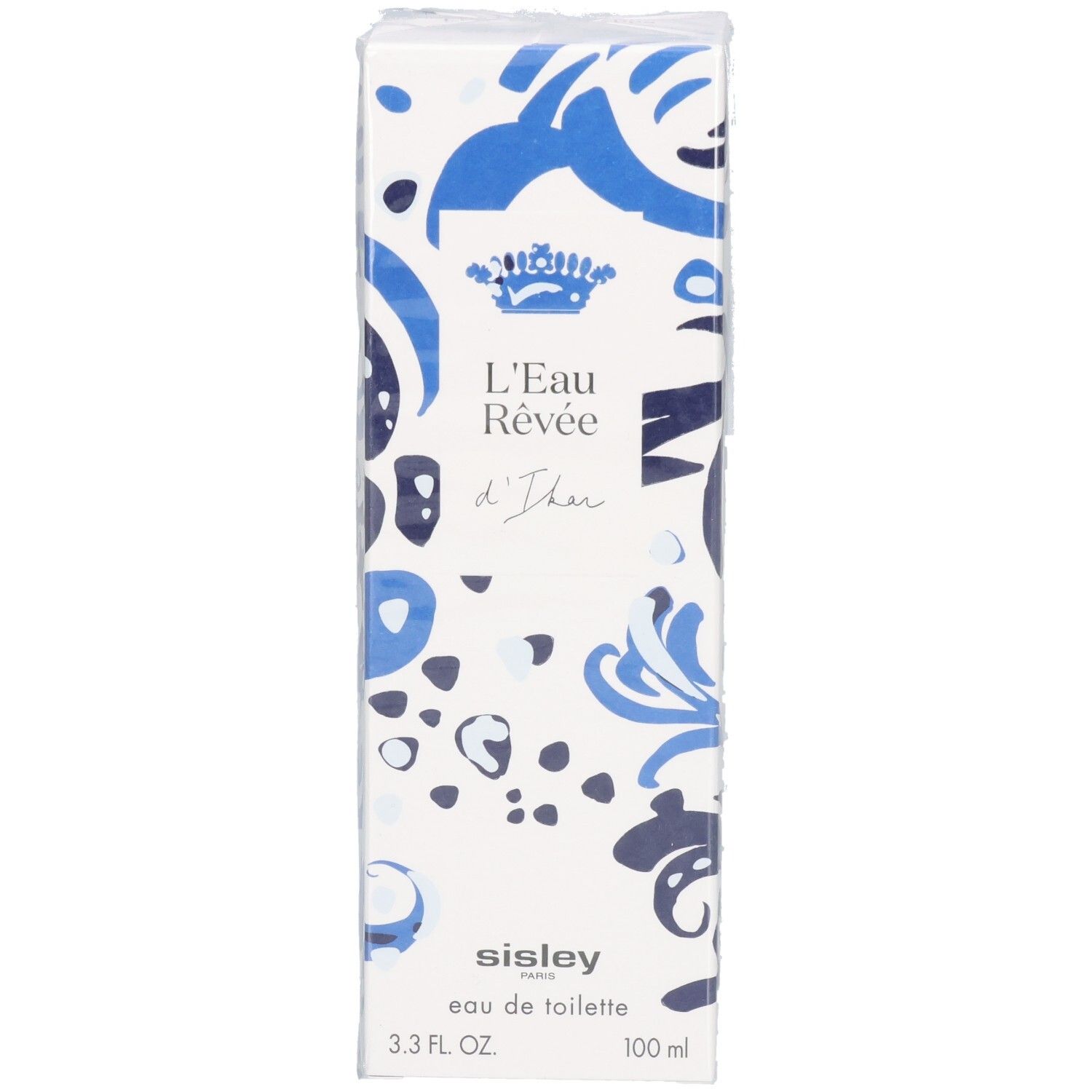 Boîte de L'Eau Rêvée d'Ikar avec motif bleu et blanc et couronne royale.