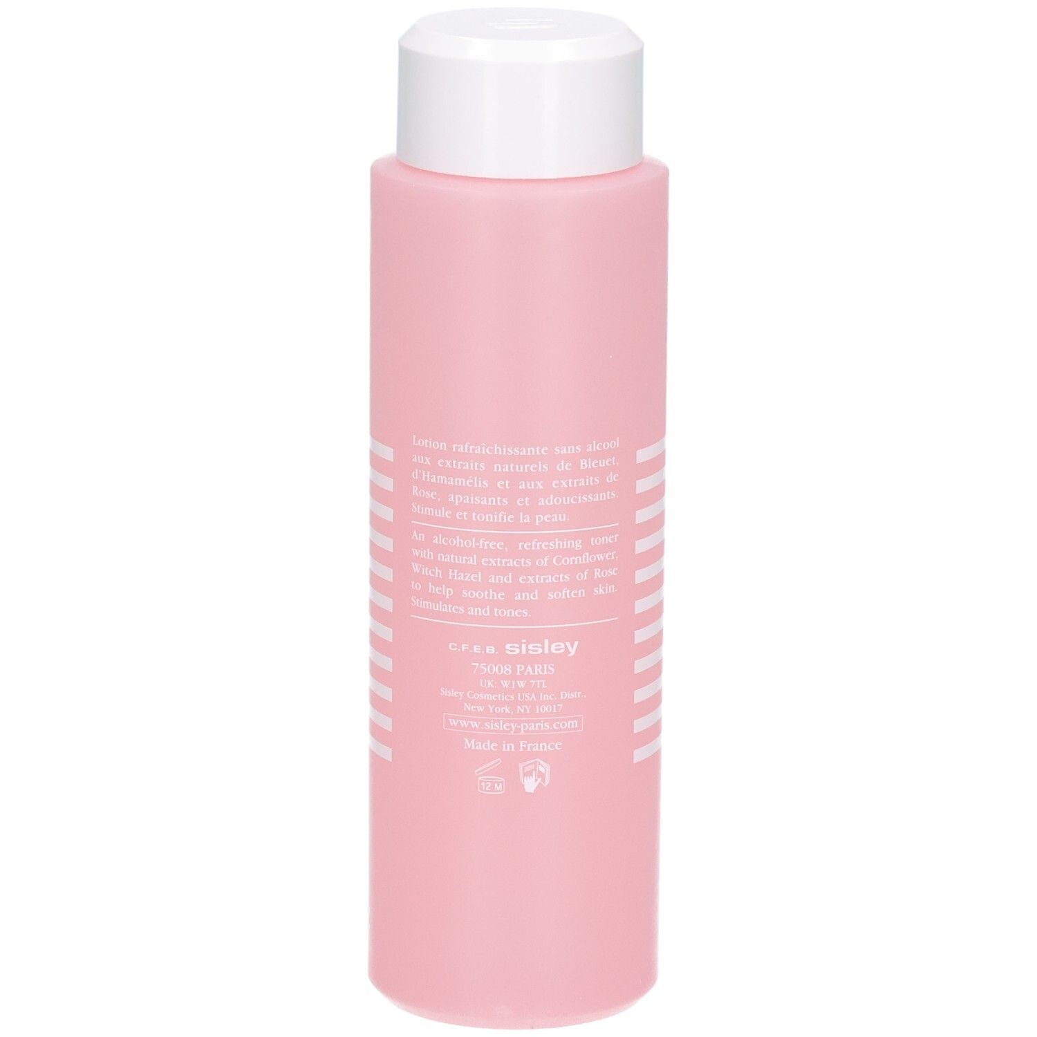 Sisley Lotion Tonique aux Fleurs, 250 ml, flacon rose, vue arrière.