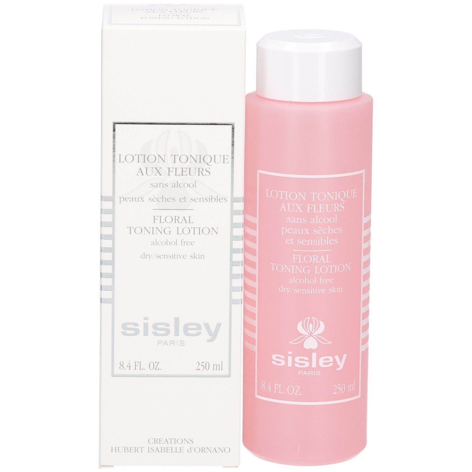 Sisley Lotion Tonique aux Fleurs, 250 ml, flacon rose avec boîte.