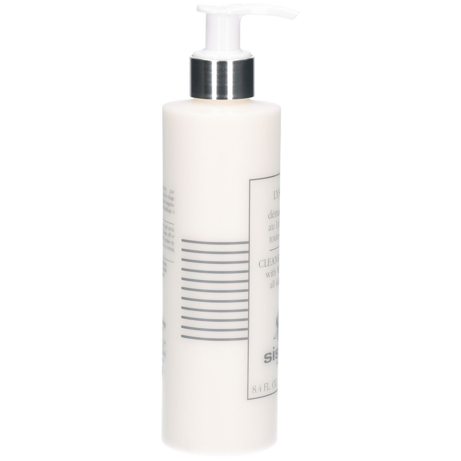 Vue latérale d'un flacon blanc avec pompe, Lait démaquillant Sisley Lyslait, 250 ml.