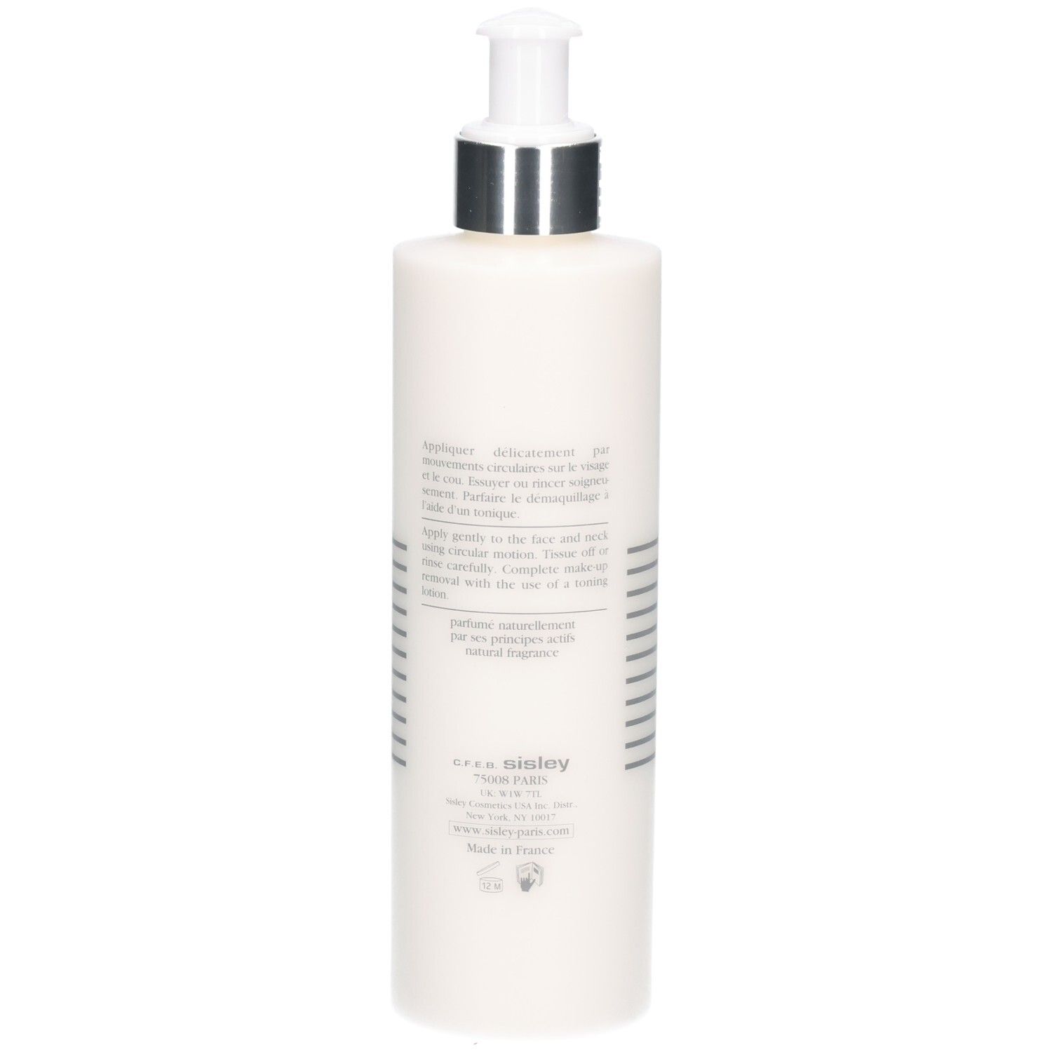 Arrière d'un flacon blanc avec pompe, Lait démaquillant Sisley Lyslait, 250 ml.