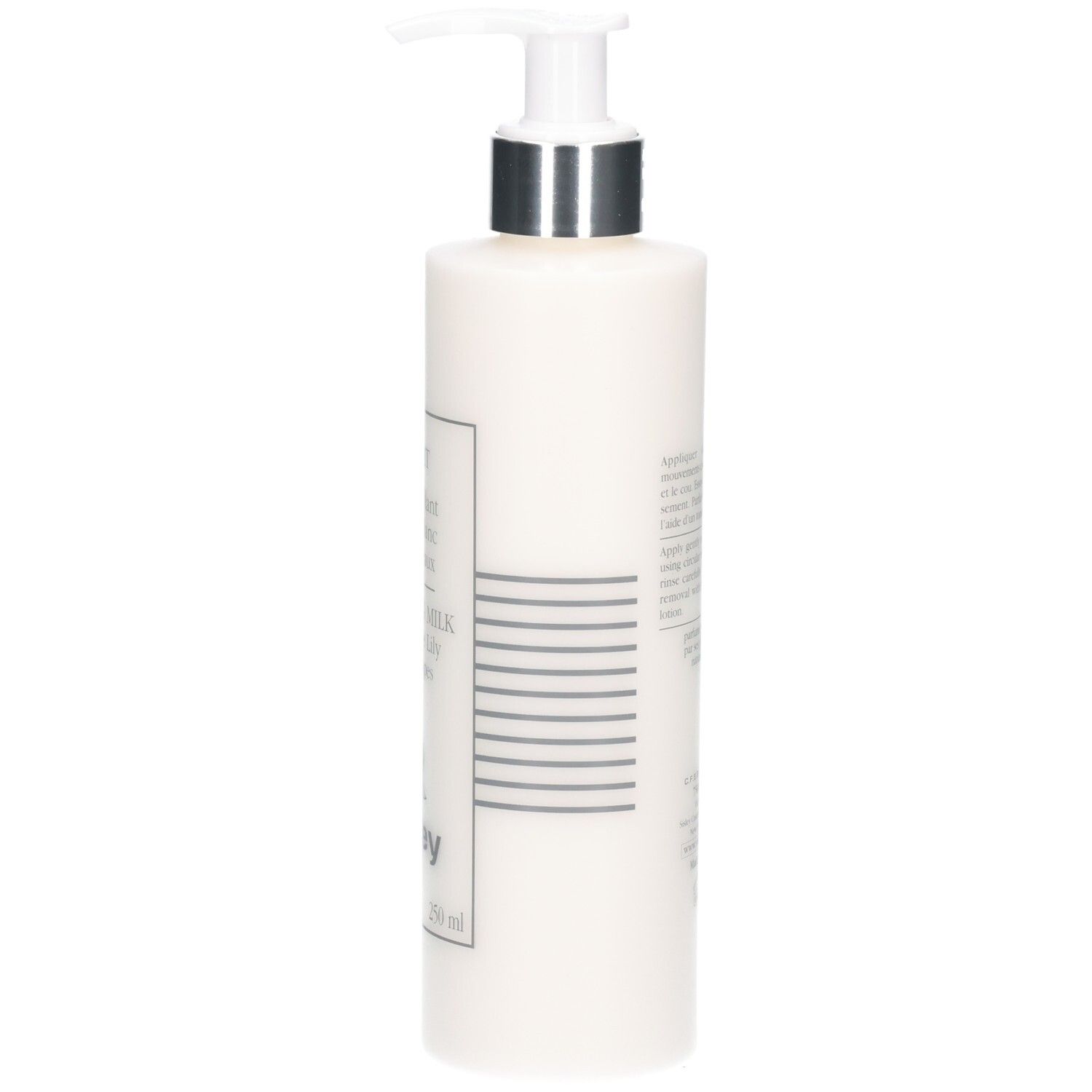 Vue latérale d'un flacon blanc avec pompe, Lait démaquillant Sisley Lyslait, 250 ml.